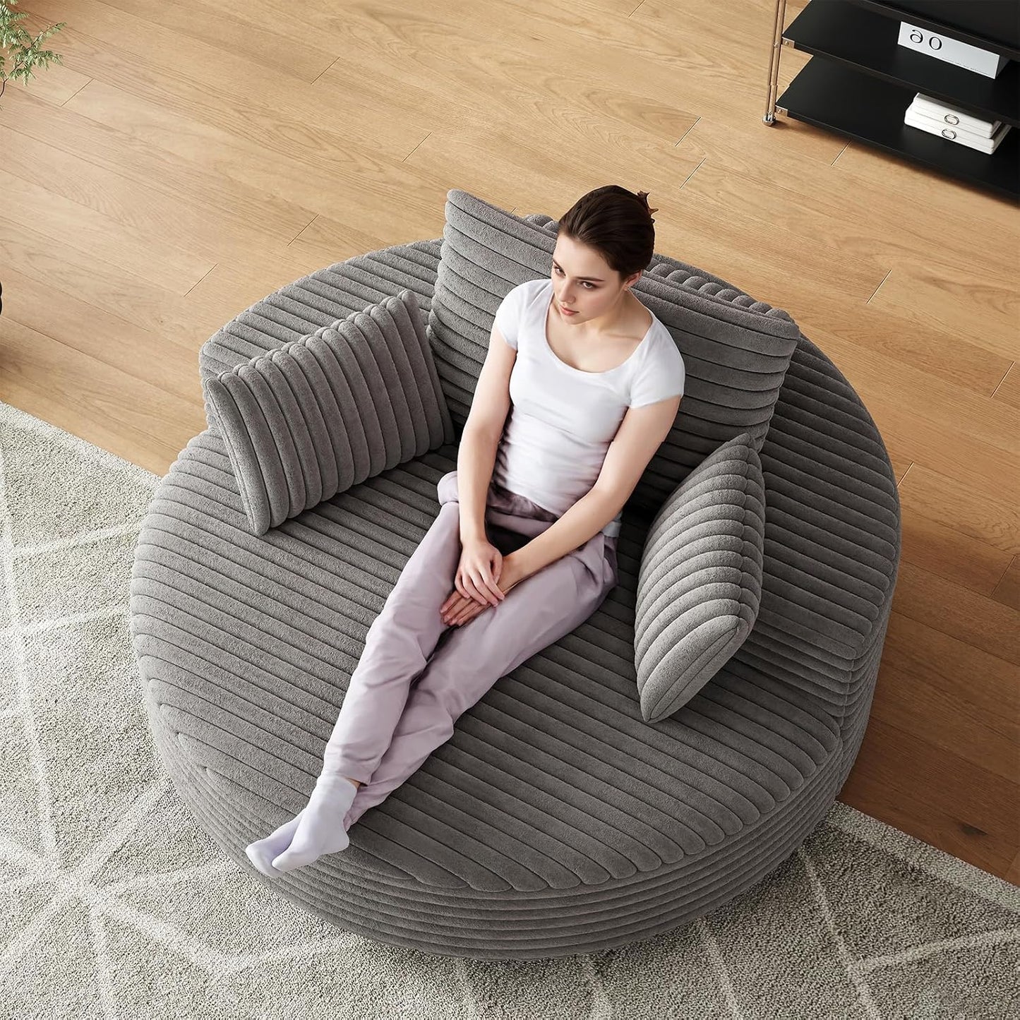 55 inch 360° Swivel Accent Chair, Chaise Lounge Chair Indoor Oversized Round Swivel Accent Chair Modern Corduroy Single Sofa Chair Deep Seat Chair for Living Room Bedroom Apartment, Grey
