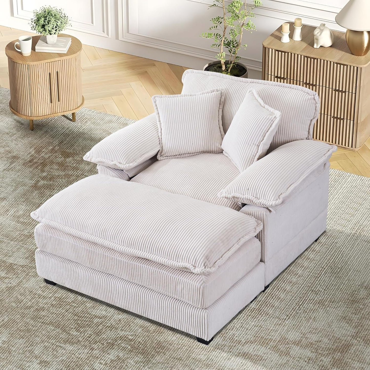 TTK Oversized Corduroy Chaise Lounge Chair with Ottoman - 46.9" Wide Modern Sleeper Sofa for Living Room, Bedroom & Office - Deep Seat Sectional Couch with Pillow, Comfortable Reading Chair, Beige