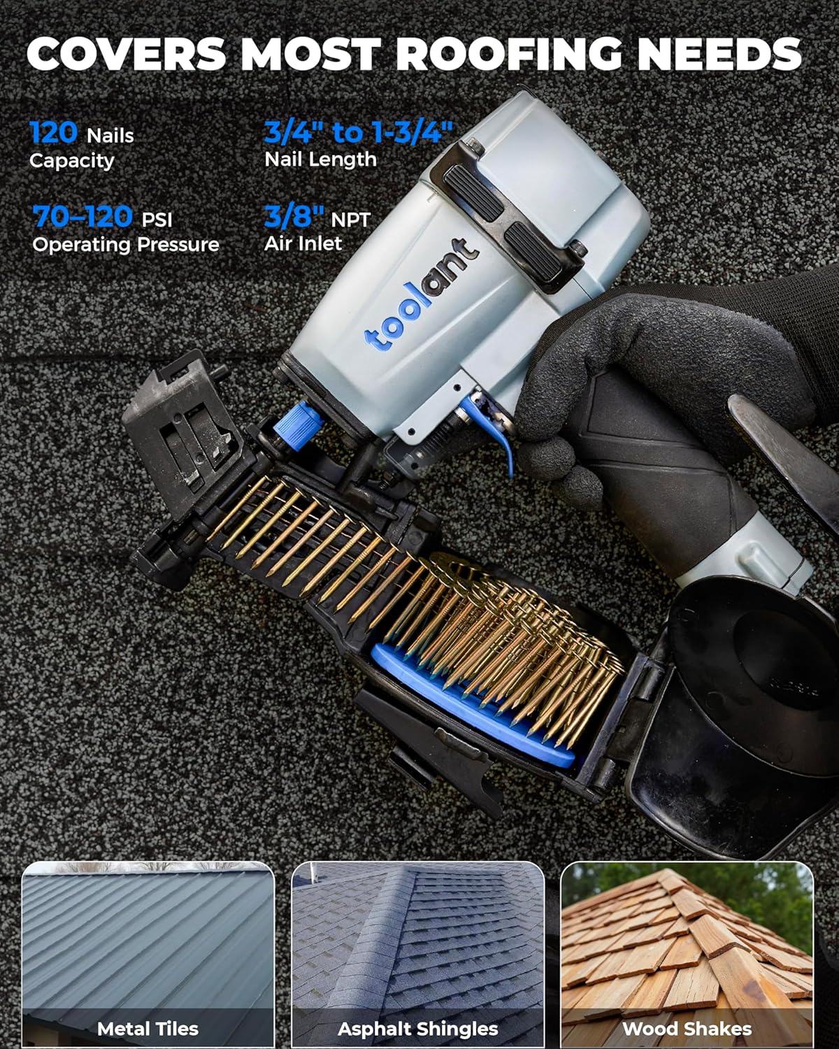 toolant Roofing Nailer, Pneumatic Roofing Nail Gun for 3/4" to 1-3/4" Nails, 120 Coil Capacity, 70-120 PSI, 15 Degree, Heavy Duty Roofing Tool for Asphalt Roofing Shingles, Fencing, and Wood Siding
