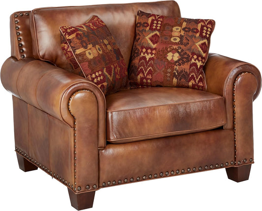 Steve Silver Company Silverado Chair with 2 Accent Pillows, Antique Nailhead Trim, Top-Grain Leather, Living Room, Game Room, Armrest, 41" D x 52" W x 38" H, Brown, Caramel