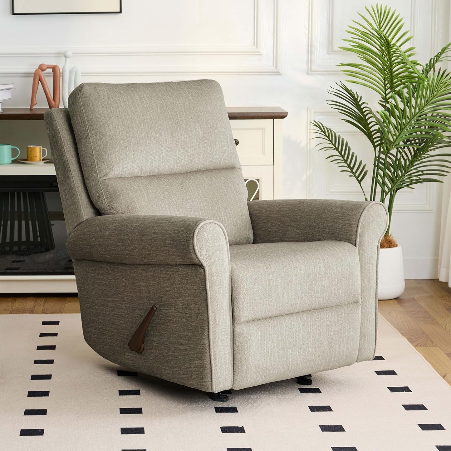 Swivel Rocker Recliner Chair, Manual Rocking Chair with Spring Cushion for Adults, Nursery Recliner with Overstuffed Backrest and Armrests for Living Room, Grey