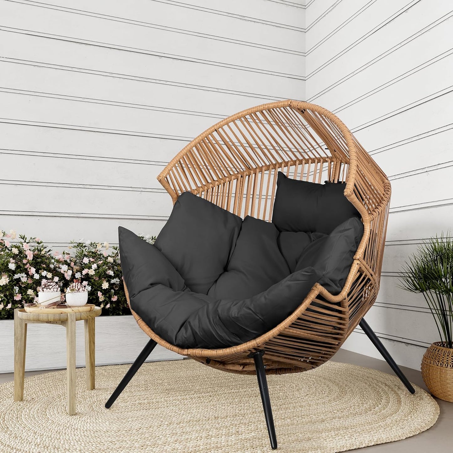 Shintenchi Wicker Egg Chair Outdoor Rattan Patio Chair with Cushion,Oversized Patio Lounge Chairs with Cushion Egg Basket Chair, Egg Seat for Indoor Living Room Bedroom Outside Patio Backyard Balcony