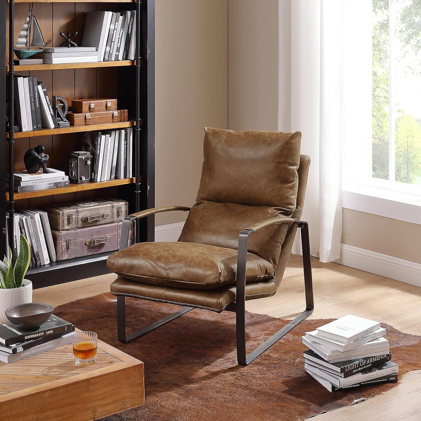 Art Leon Genuine Leather Accent Chair, Mid Century Modern Living Room Chair Lounge Chair with Black Metal Frame, Brown