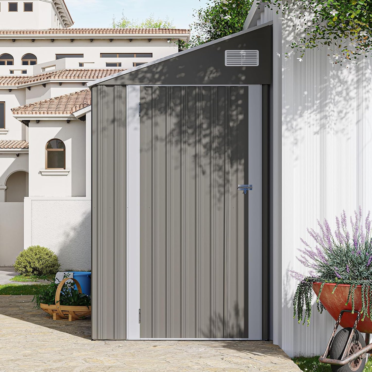 4×8 FT Outdoor Metal Storage Shed,Heavy-Duty Lean to Storage Shed with Floor Base,Garden Tool Metal Storage House W/Lockable Door and 2 Air Vents,Weather Resistant,for Backyard,Patio,Lawn,Black