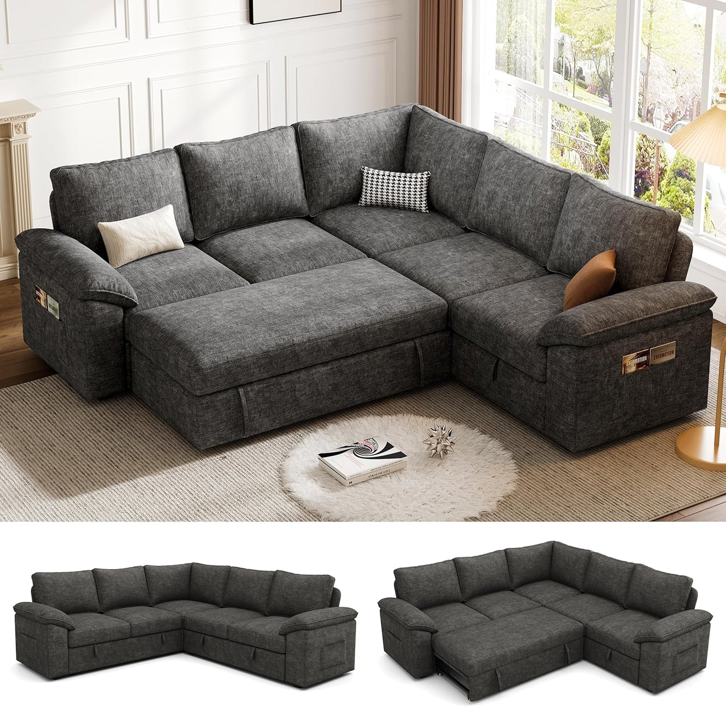 108 Inch Sectional Sleeper Sofa with Pull Out Bed,U Shaped 7 Seat Modular Sectional Sofa with Storage,Sectional Couches for Living Room,Cloud Modular Couch,Removable Sofa Cover,Dark Grey