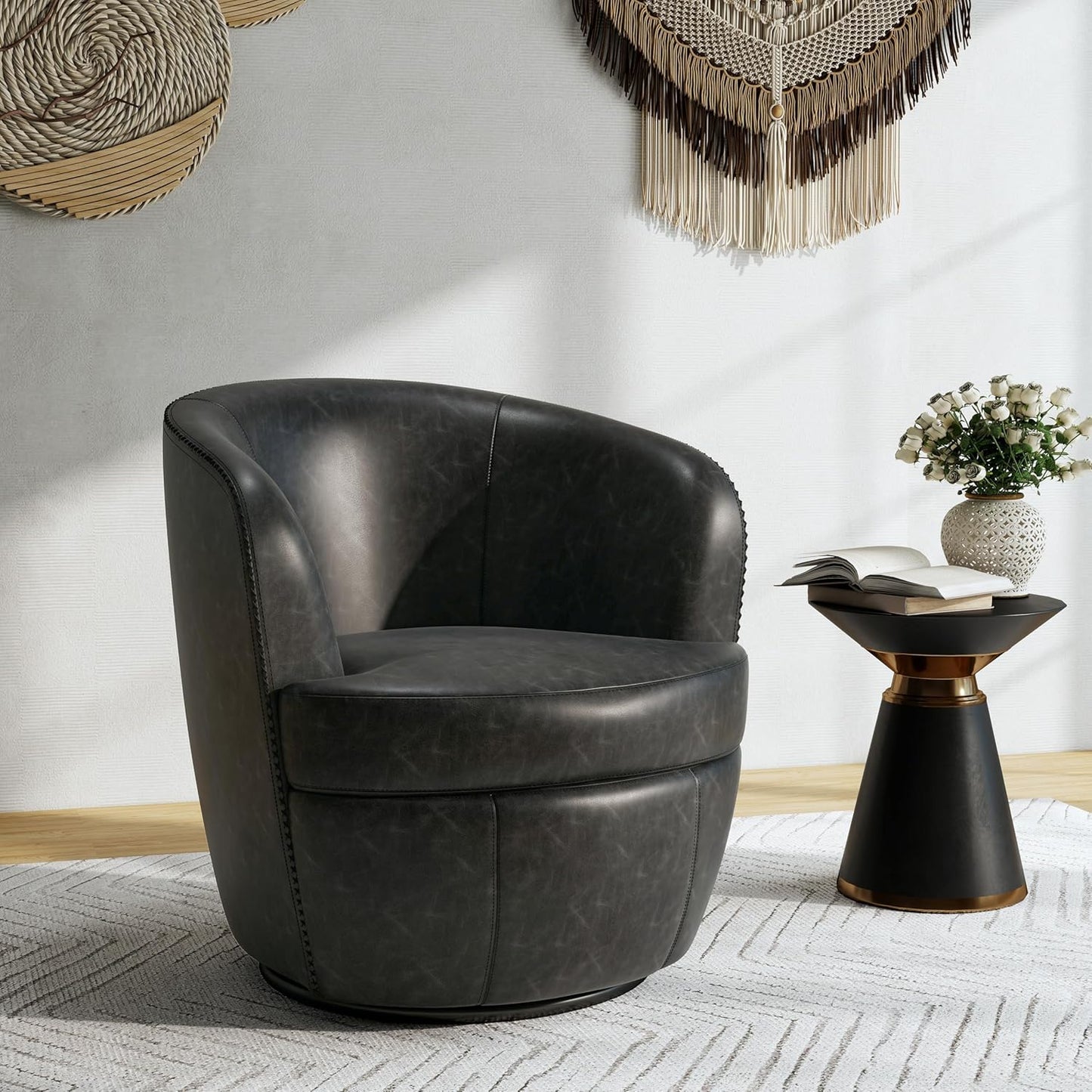 Swivel Barrel Chair, Modern Round PU Leather Accent Armchair for Living Room, Bedroom, Oversized Comfy Club Reading Chairs for Adults (Leather Red Brown, Set of 1)