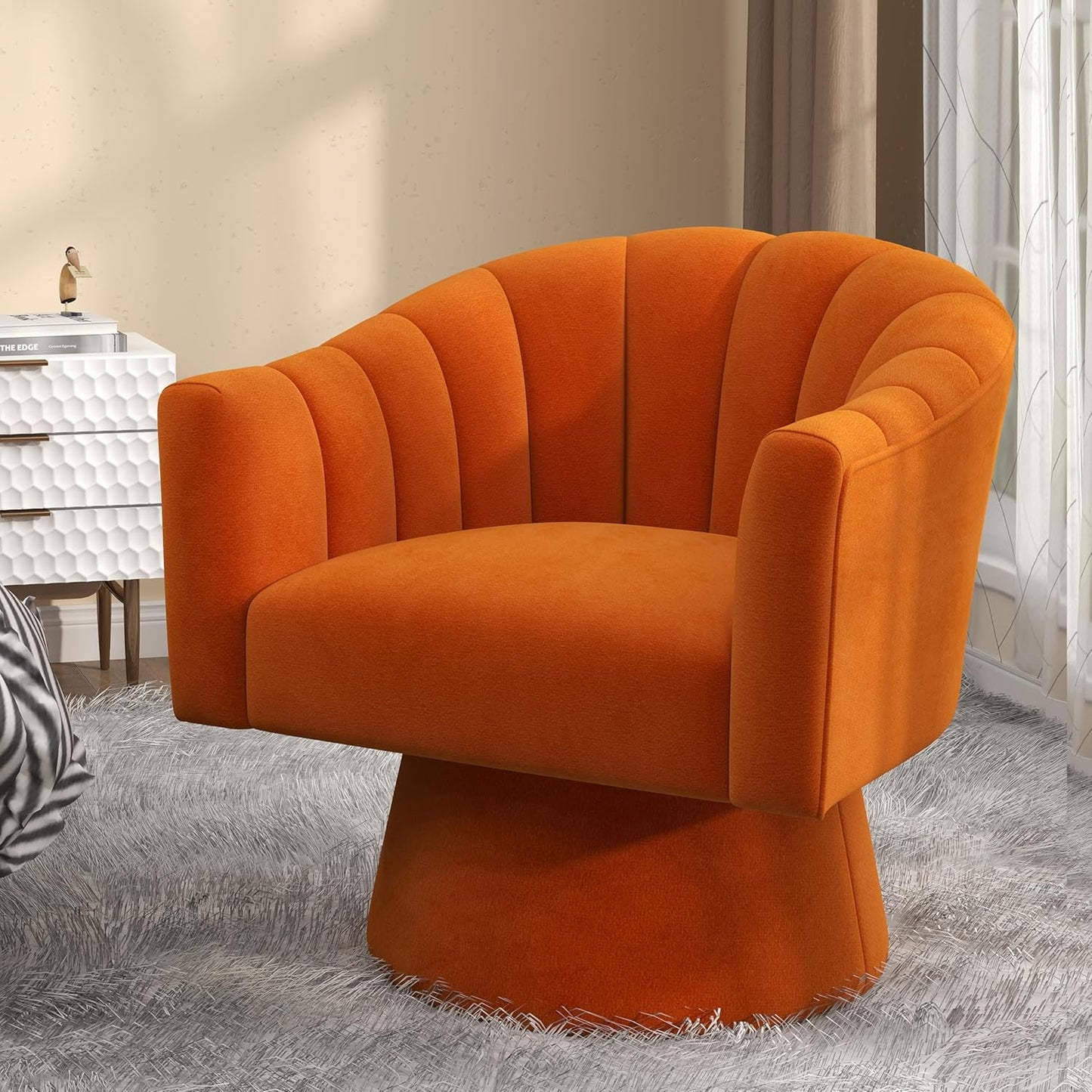 Swivel Accent Chair,Upholstered Velvet 360° Swivel Barrel Chair for Living Room Overstuffed Bouncle Reading Chair Round Armchair for Bedroom,Vanity,Office(Pink)