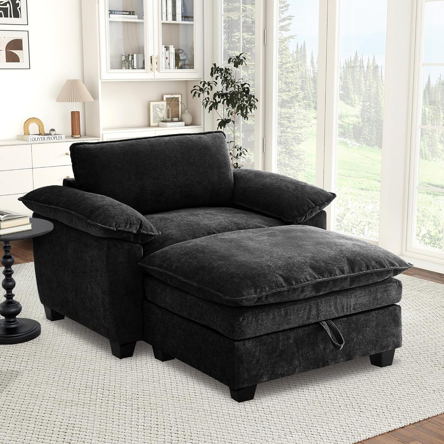 51" Oversized Chaise Lounge Chair Indoor with Storage Ottoman, Upholstered Cloud Accent Chair with Extra Wide Armrests, Comfy Beige Chenille Sleeper Chair for Living Room Bedroom Reading (Black)