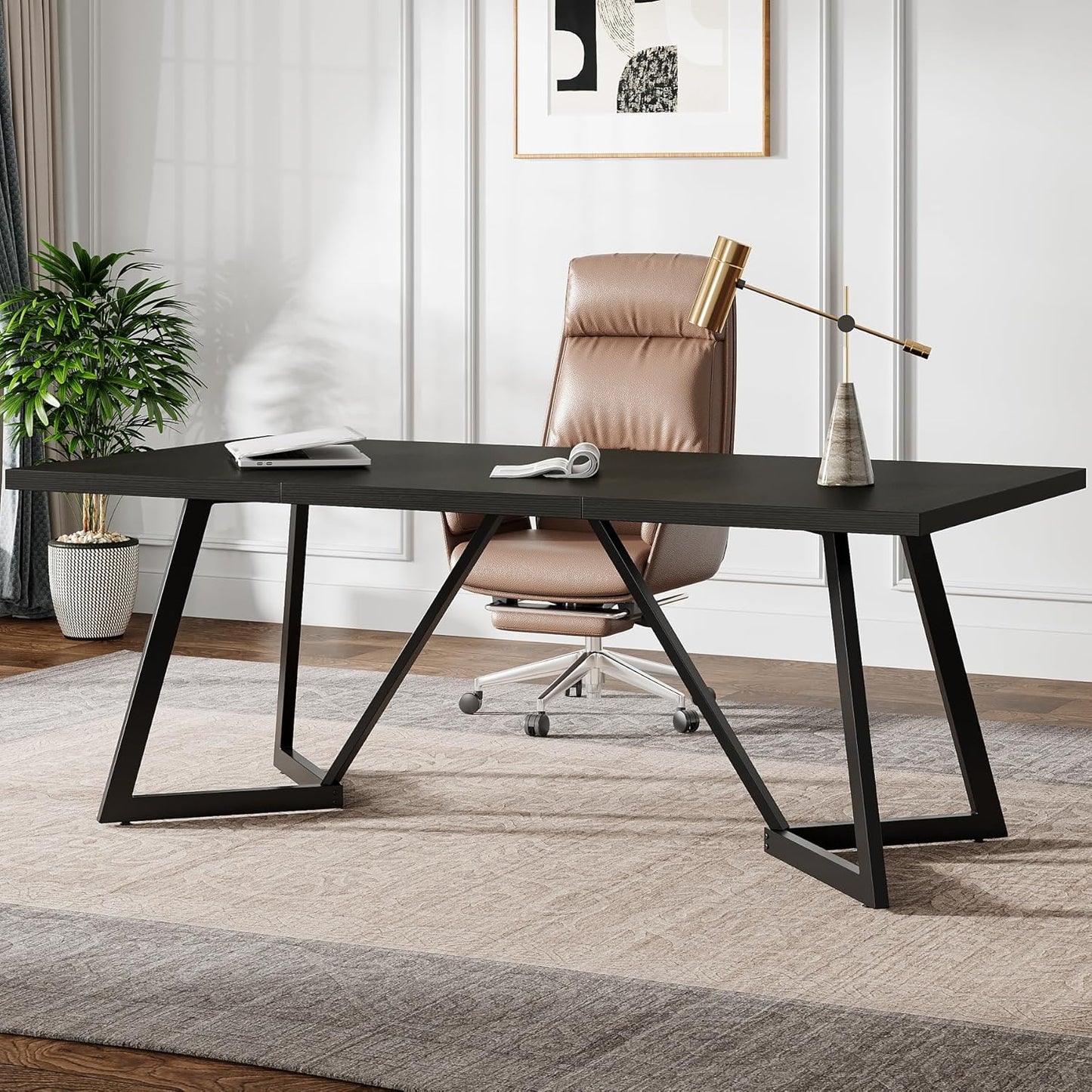 Tribesigns 70.86-Inch Large Executive Desk, Modern Computer Office Desk Workstation with Metal Frame, Rectangular Laptop Desk Study Writing Table for Home Office (Black)