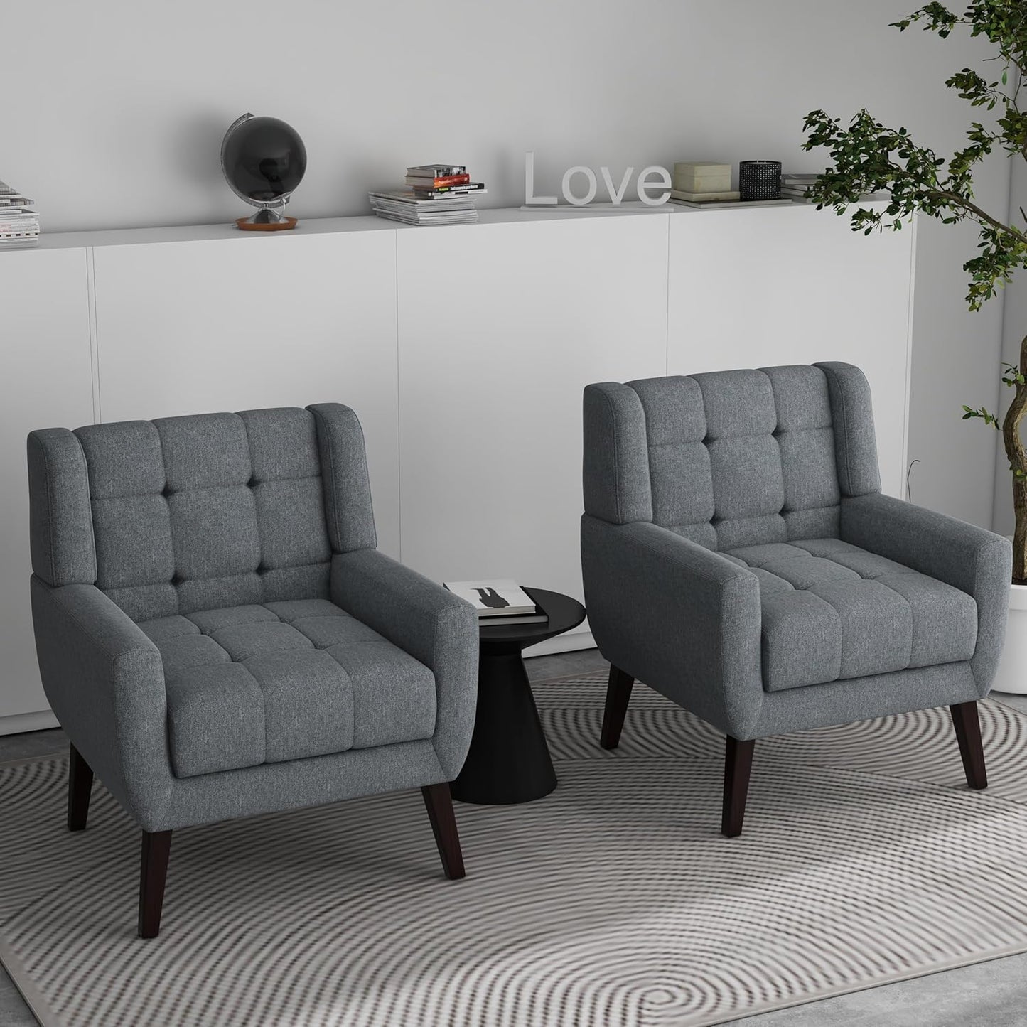Accent Chairs Set of 2, Modern Fabric Upholstered Armchairs for Living Room, Comfy Arm Chairs Tufted Back and Solid Wood Legs for Bedroom Office Room (Light Blue)