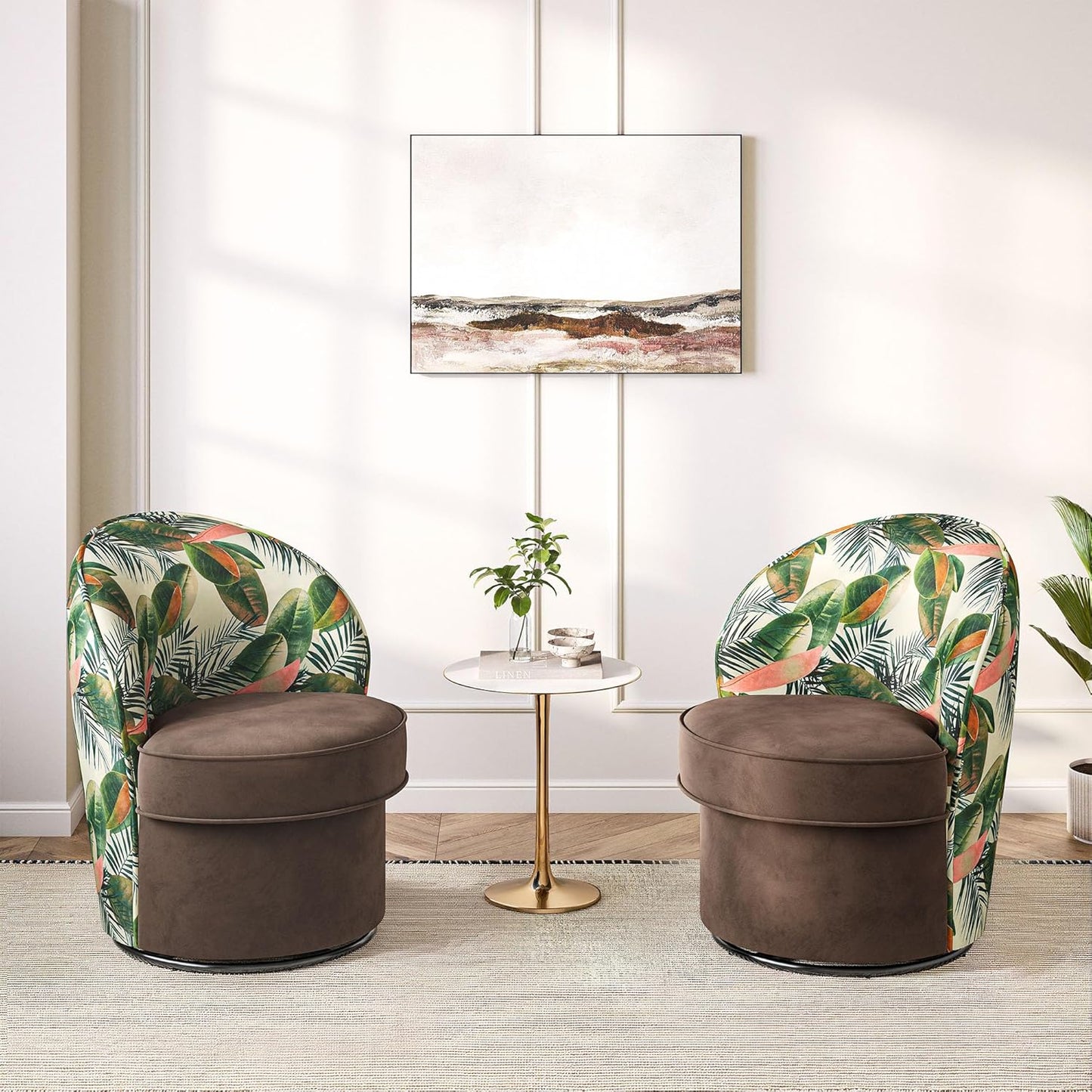 BELLEZE Swivel Barrel Chairs Set of 2, Modern Round Accent Chairs Floral Pattern Upholstered 360 Degree Swivel Armchairs for Living Room Bedroom - Grove (Brown & Floral)