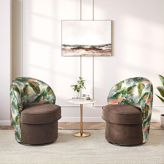 BELLEZE Swivel Barrel Chairs Set of 2, Modern Round Accent Chairs Floral Pattern Upholstered 360 Degree Swivel Armchairs for Living Room Bedroom - Grove (Brown & Floral)