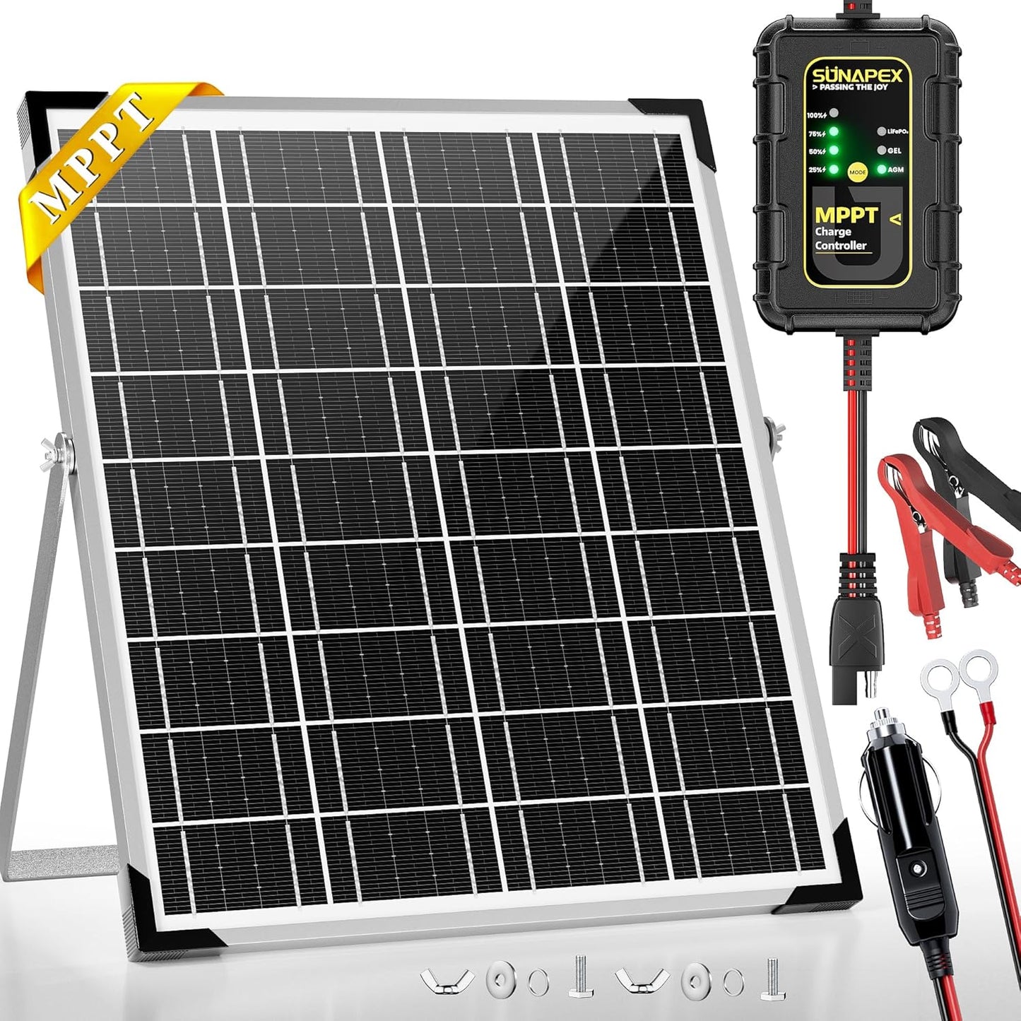 SUNAPEX 12V Solar Battery Charger: 25W Waterproof Solar Panel Kit- Aluminum Trickle Charger for Car Battery with MPPT Controller - Battery Tender Motorcycle Boat Marine RV Trailer Tractor Truck