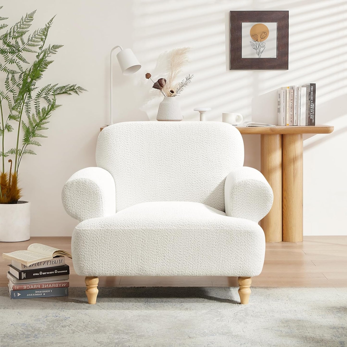 40" W Oversized Accent Chairs, Modern Boucle Armchair with Deep Seat and Wide Arms, Comfy Sherpa Fabric Single Sofa Reading Chair for Living Room, Bedroom, Book Nook, Beige