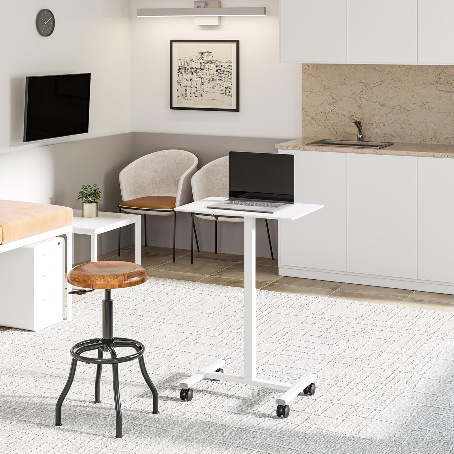 Seville Classics Airlift Height Adjustable Pneumatic Laptop Sit Stand Desk Mobile Rolling Cart, Computer Workstation for Home Office, Classroom, White, 25.6" Desktop