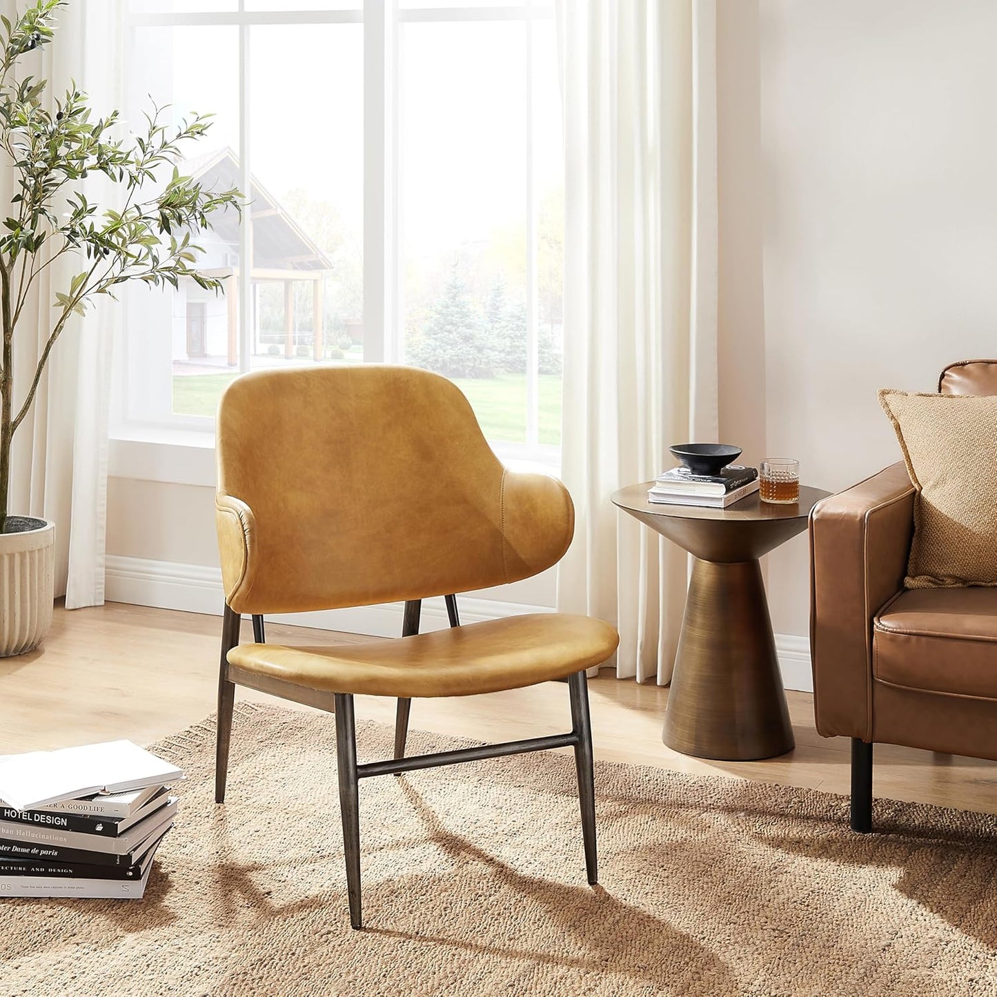 Art Leon Genuine Leather Accent Chair, Mid Century Modern Side Chair with Black Metal Frame, Upholstered Arm Chair for Living Room Bedroom, Light Brown