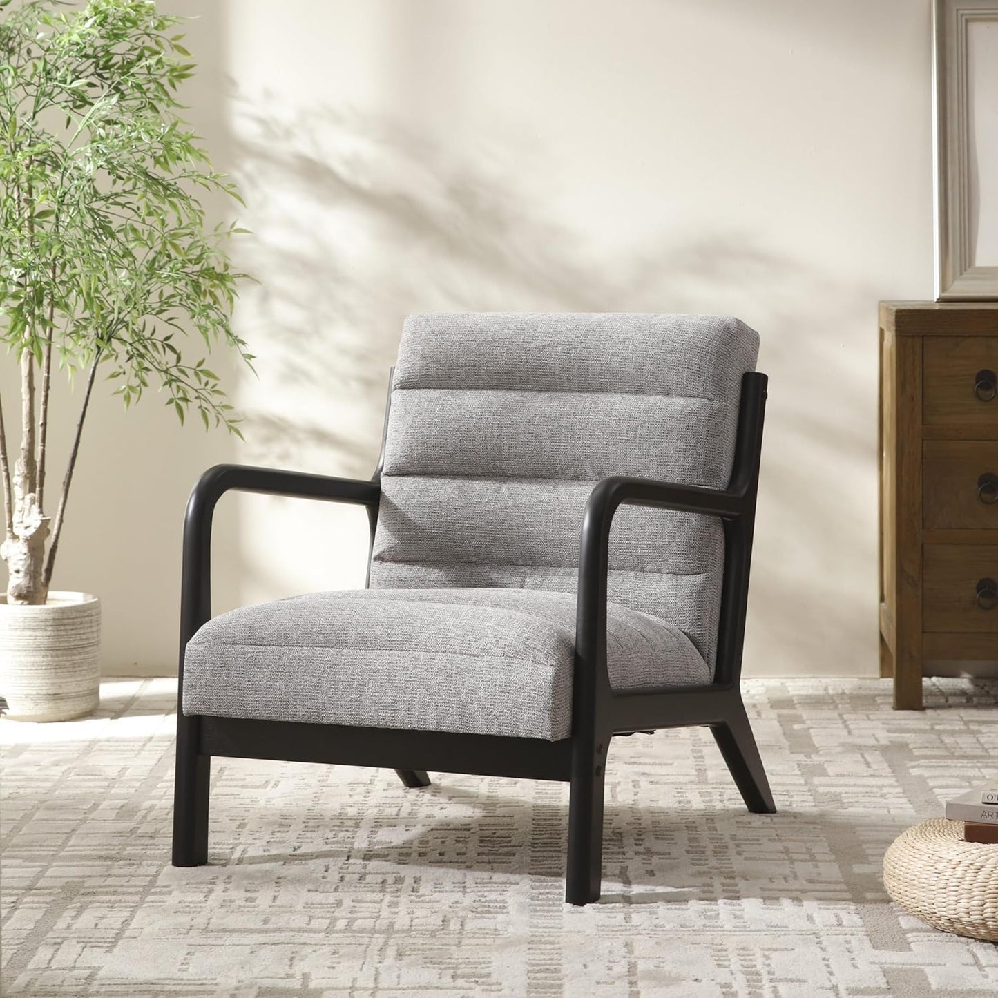 VKNOW Accent Chairs with Rubberwood Frame Accent Chairs Set of 2, Mid-Century Modern Upholstered Reading Armchair, High Back Lounge Armchair Living Room Chair for Bedroom Reading Room, Light Brown