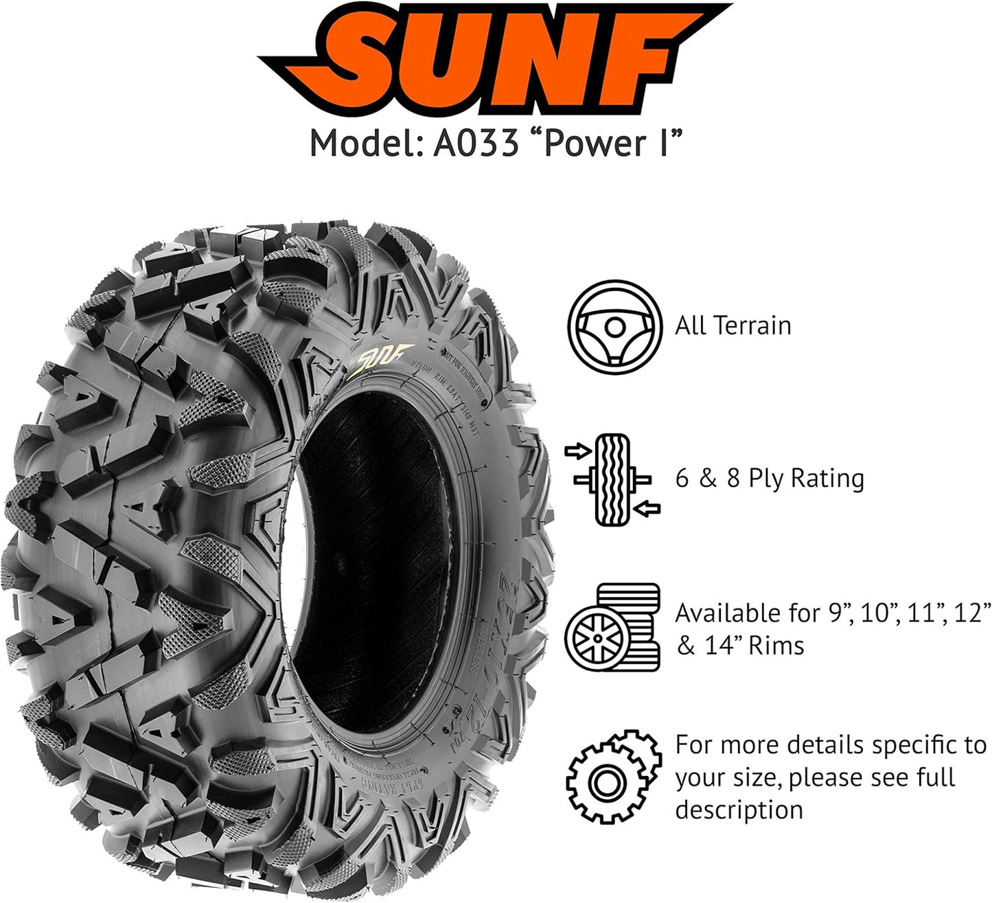 SunF 24x10-12 ATV UTV 24x10x12 All Terrain Tires 6 PR A033 POWER I - PAIR of 2