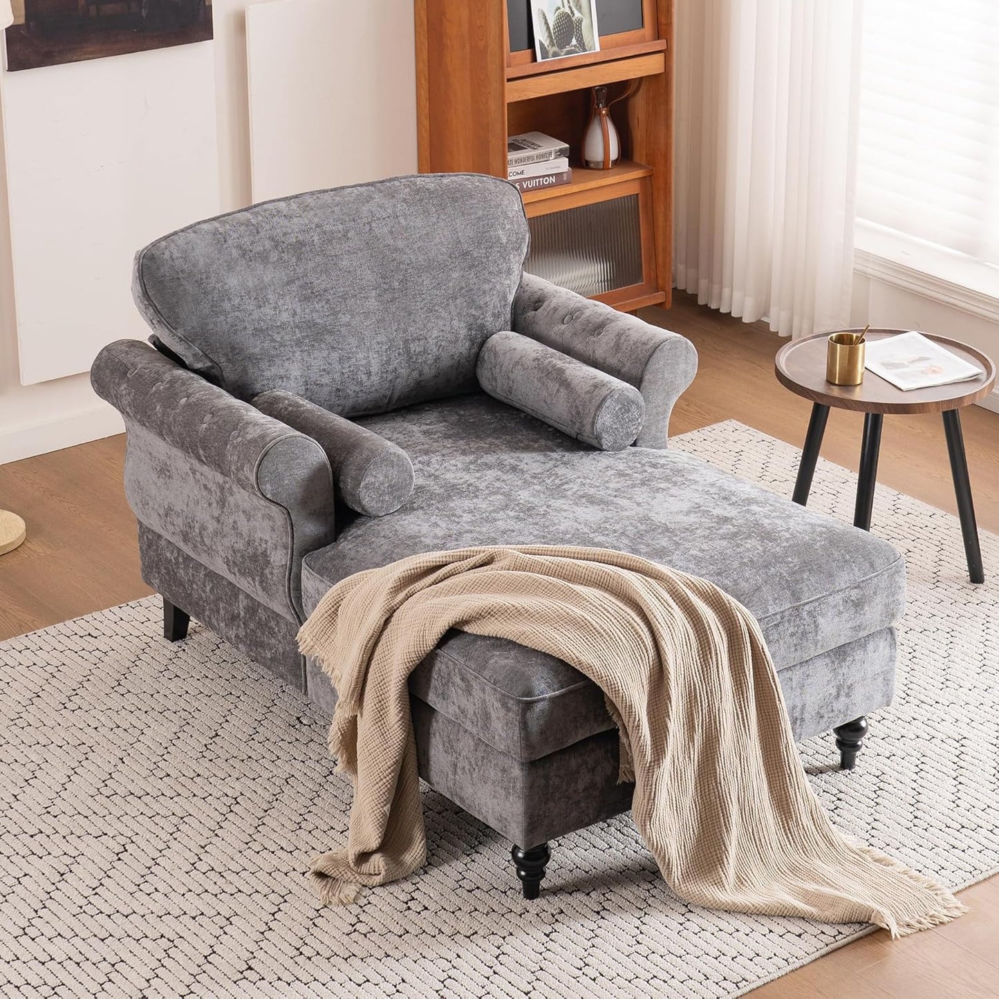 59.3" D Reclining Lounge Chair,Oversized Chenille Upholstered Sleeper Couch Chair with 2 Rolled Pillows,Mid-Century Modern Single Chaise Sofa for Living Room Bedroom Office(Beige, 1 Seat)