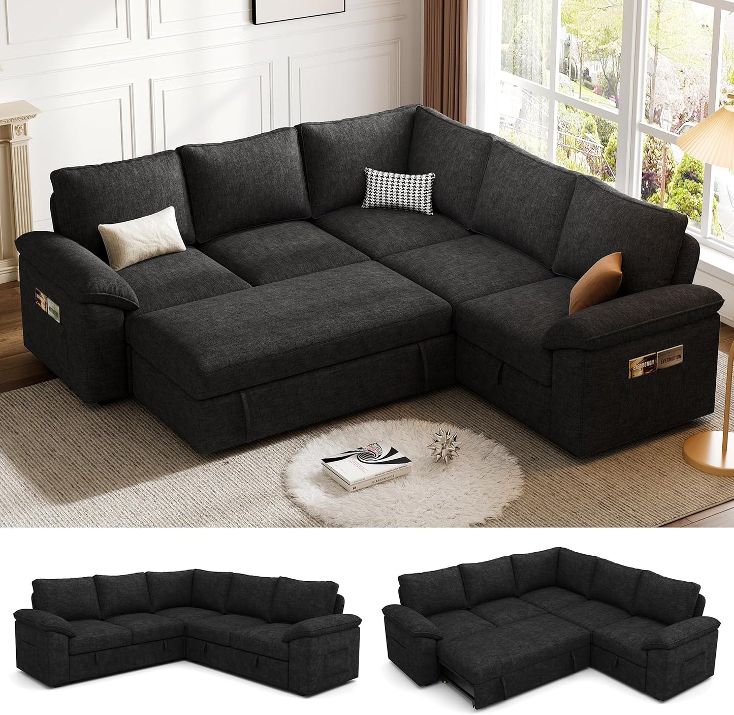 108 Inch Sectional Sleeper Sofa with Pull Out Bed,U Shaped 7 Seat Modular Sectional Sofa with Storage,Sectional Couches for Living Room,Cloud Modular Couch,Removable Sofa Cover,Dark Grey