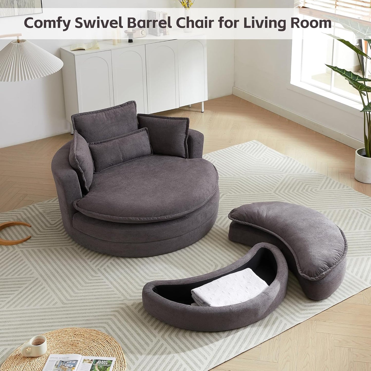 52'' Accent Swivel Barrel Chair with Storage Ottoman,Modern Oversize Round Swivel Leisure Armchair for 4 Pillows, Chenille Fabric for Living Room,Hotel,Club Lounge Chair,Grey…
