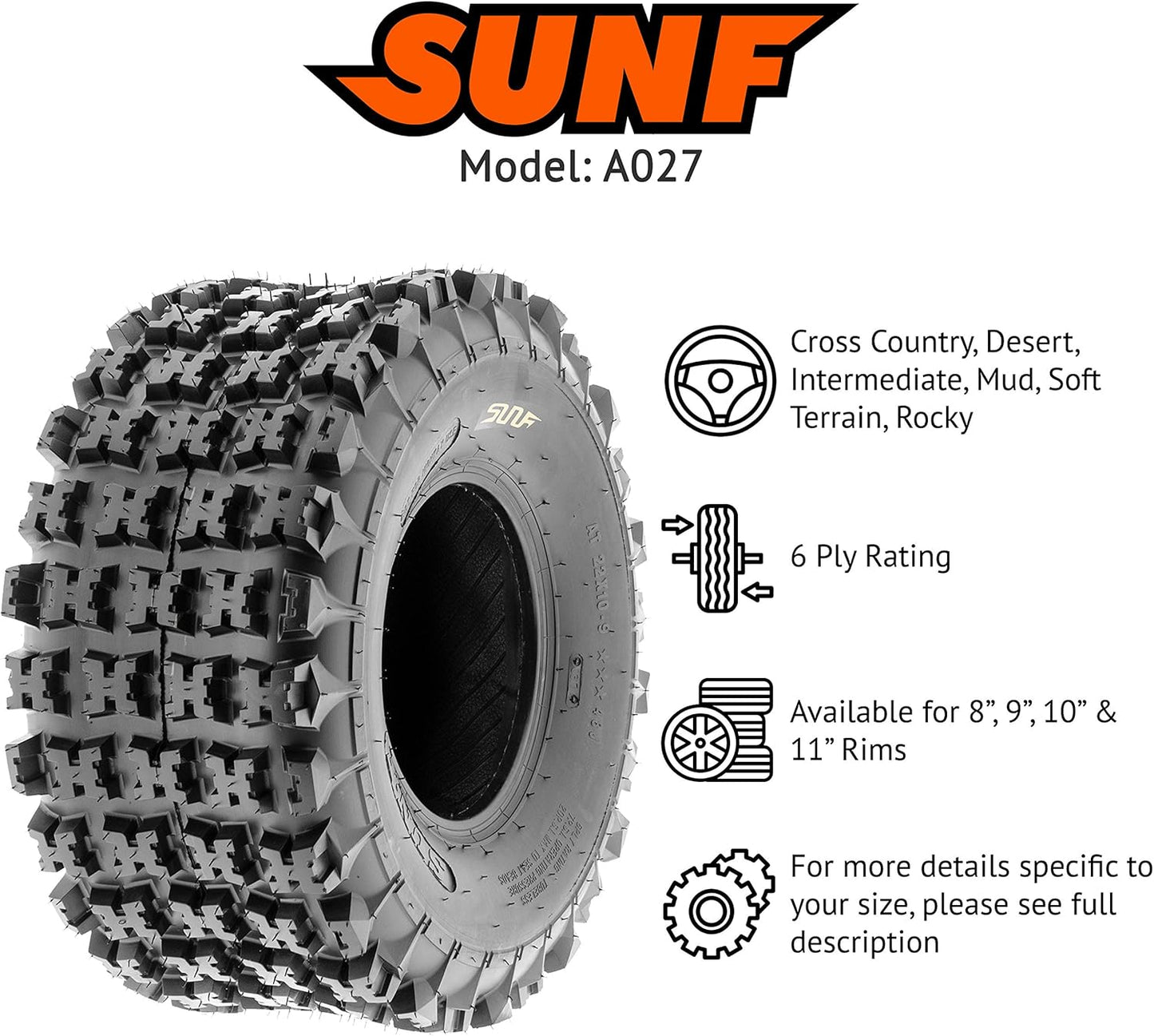 SunF 22x11-9 ATV UTV Knobby Tire 22x11x9 Sport Race 6 PR A027 - PAIR of 2