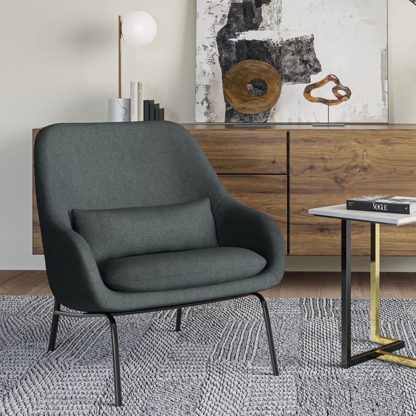 SIMPLIHOME Elmont Accent Chair - 30 inch Wide Upholstered Mid-Century Modern Accent Chair in Steel Grey, for Living Room Seating with Curved Back, Lower Back Pillow, and Metal Legs