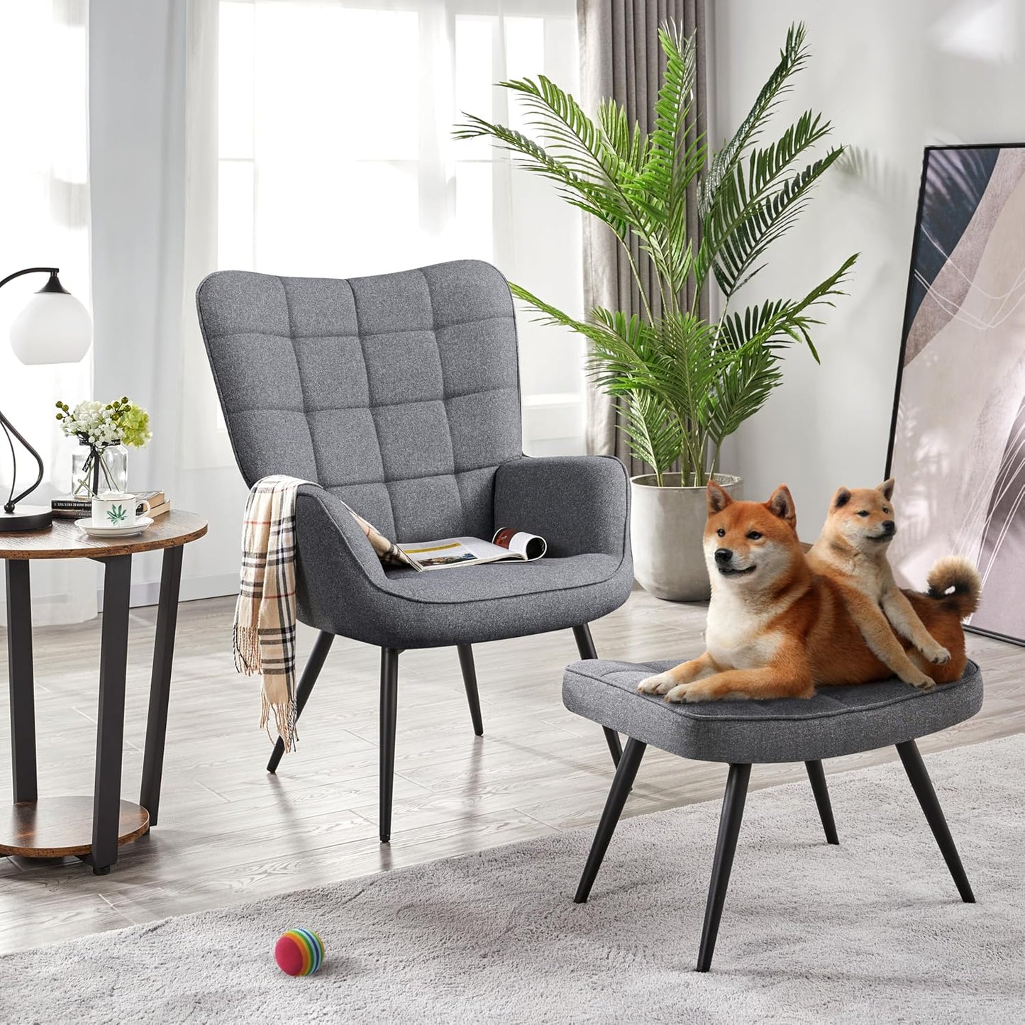 Topeakmart Accent Chair with Ottoman Set, Upholstered Living Room Chair Fabric Arm Chair with Foot Rest Sofa Chair and Ottoman Set for Living Room Bedroom Office, Grey, 2pcs