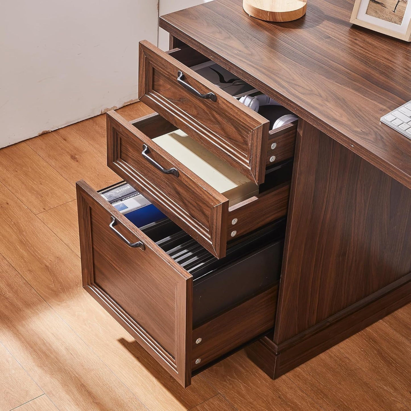 60" L-Shaped Executive Desk with 40" File Cabinet,Farmhouse Home Office Desk with Charging Station,Wood Computer Desk Set for Office Work,Home Study (Brown)