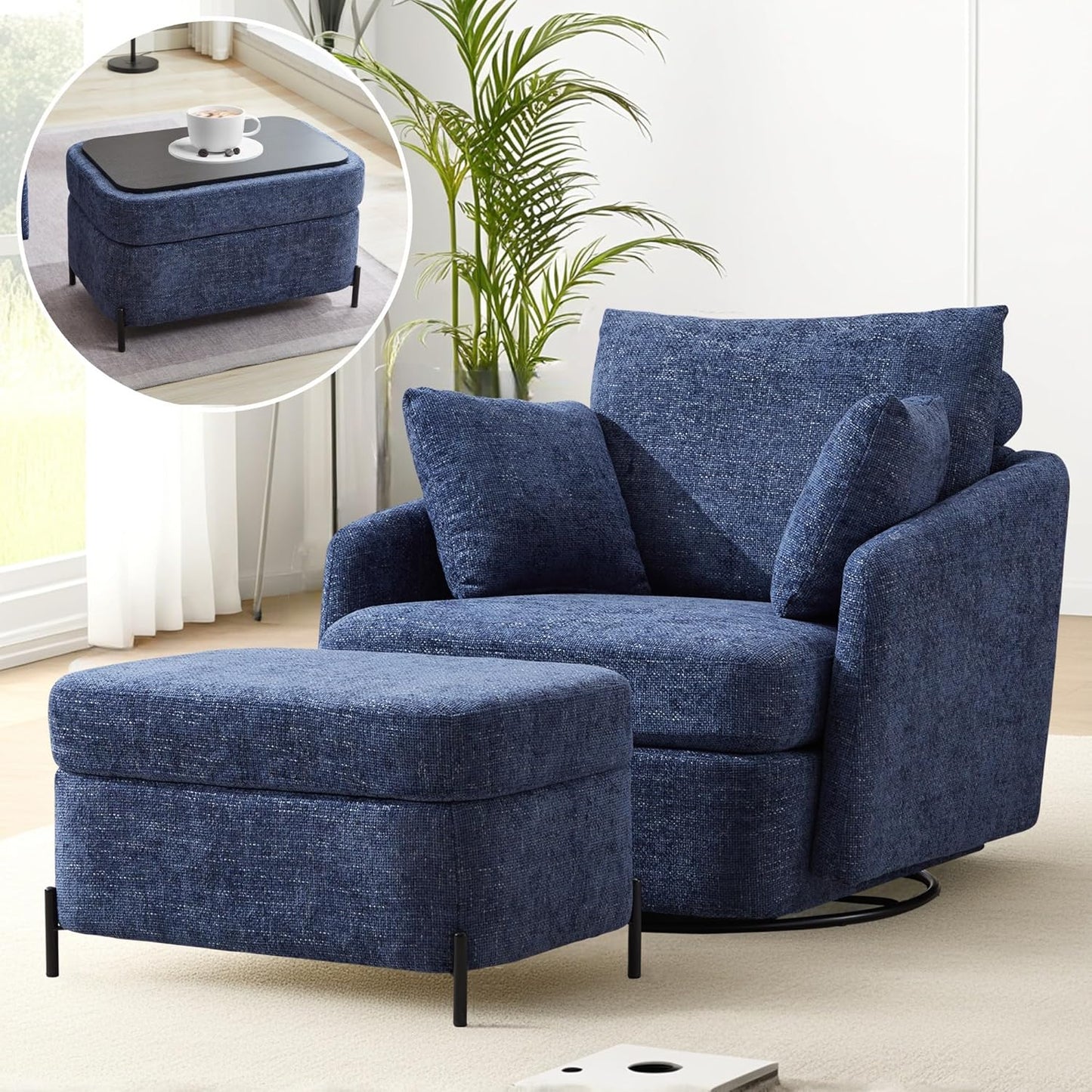 Sinzho & Wiyfun Oversized Swivel Accent Chair with Ottoman Upholstered Large Chenille Arm Chair with 3 Pillows for Living Room, Orange