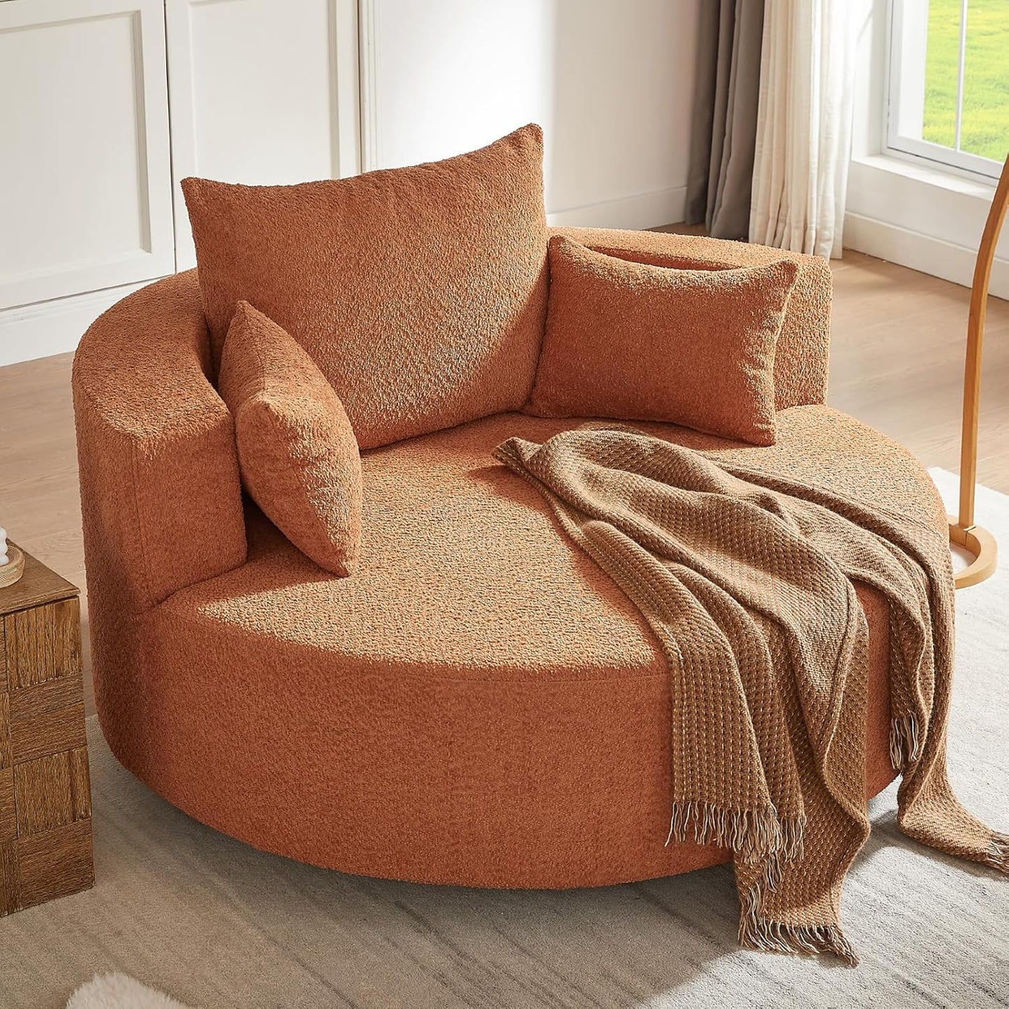 55.1” Oversized Round Swivel Barrel Chair, Large Upholstered Accent Sofa Chair with 3 Pillow, Comfy Chenille Cloud Circle Reading Chaise Lounge Indoor for Living Room, Bedroom,Apartment,Green