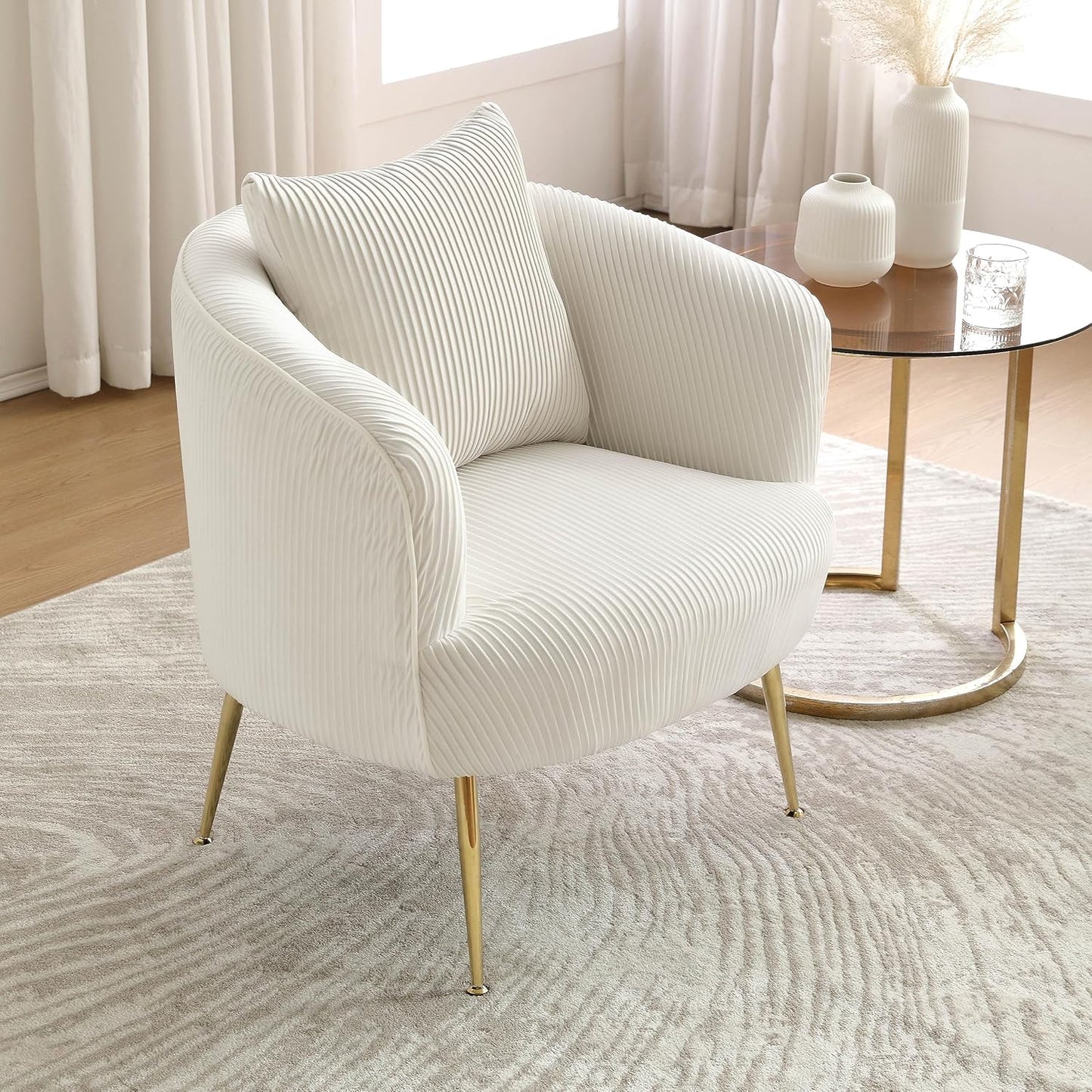 Art Leon Accent Chair Set of 2, Modern Velvet Upholstered Armchairs, Living Room Side Chairs Barrel Chairs with Golden Metal Legs, Off White