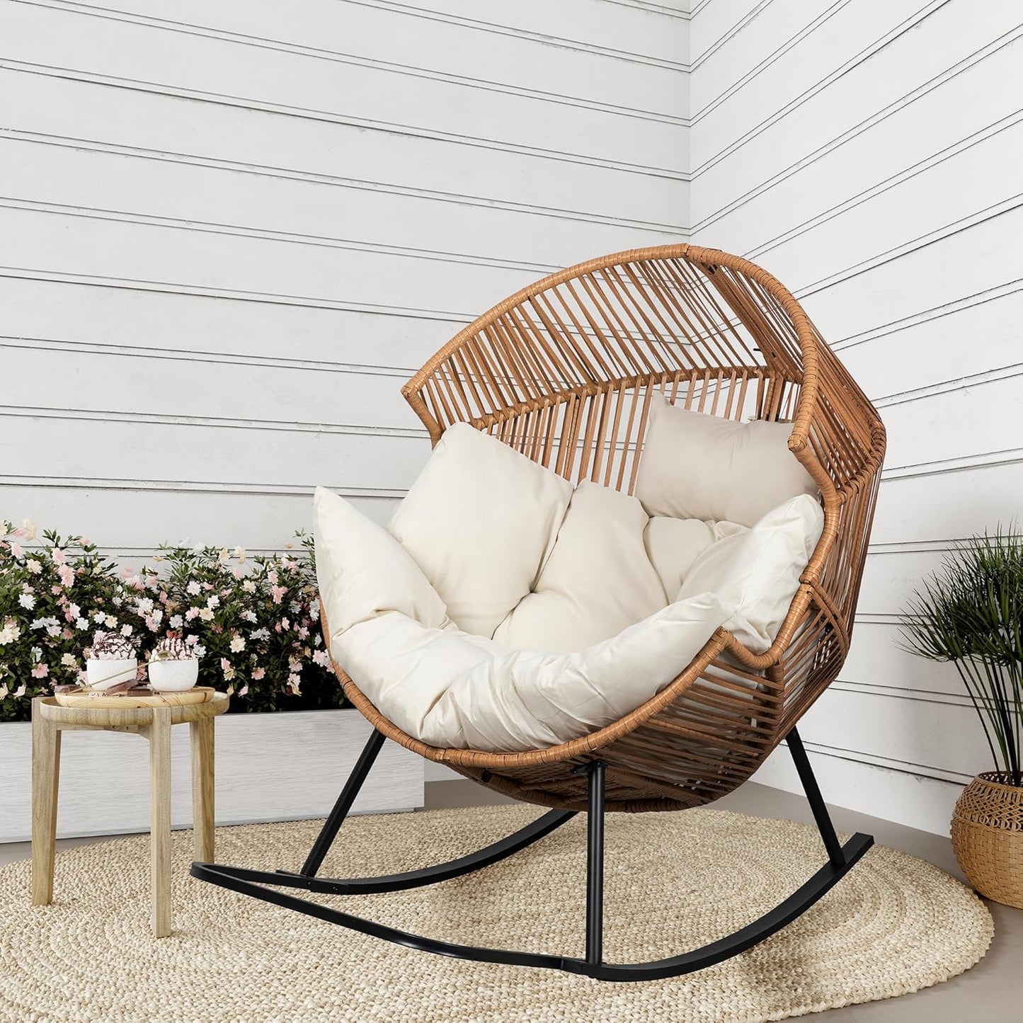 Shintenchi Wicker Egg Chair Outdoor Rattan Patio Chair with Cushion,Oversized Patio Lounge Chairs with Cushion Egg Basket Chair, Egg Seat for Indoor Living Room Bedroom Outside Patio Backyard Balcony