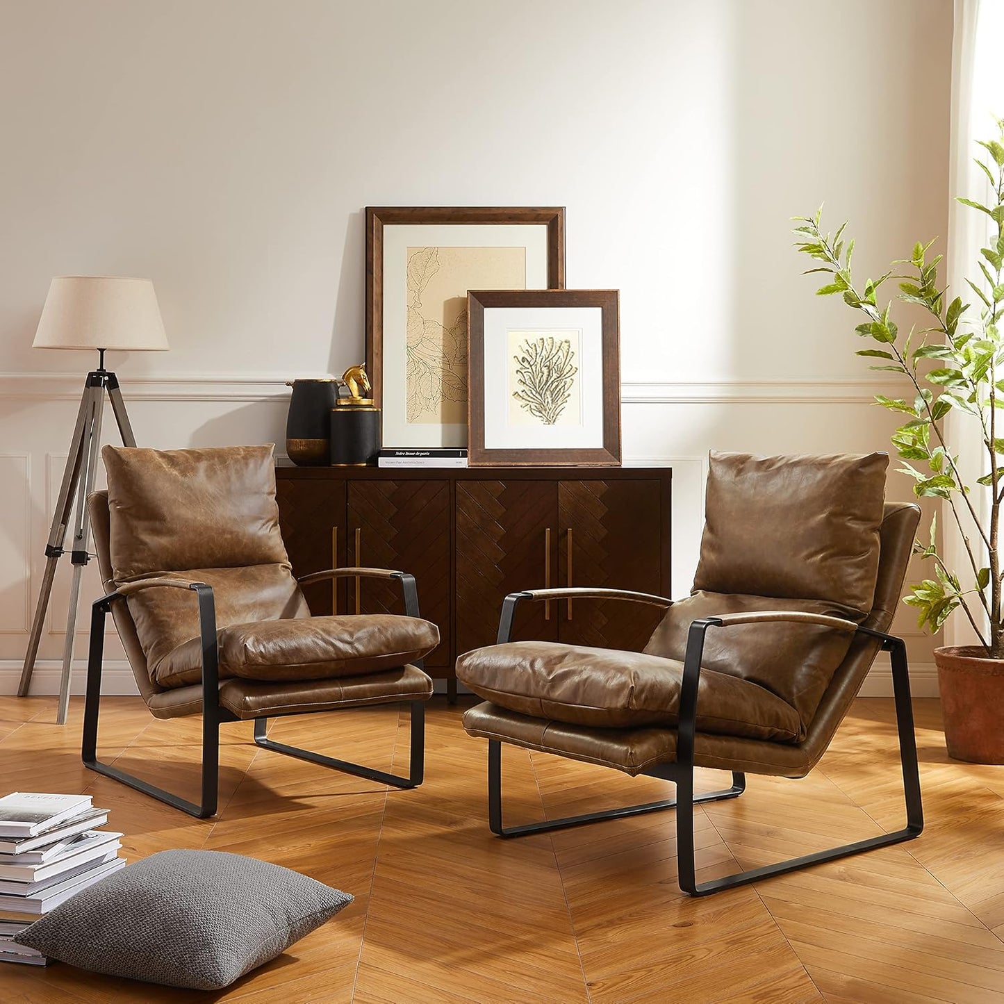 Art Leon Genuine Leather Accent Chair, Mid Century Modern Living Room Chair Lounge Chair with Black Metal Frame, Brown