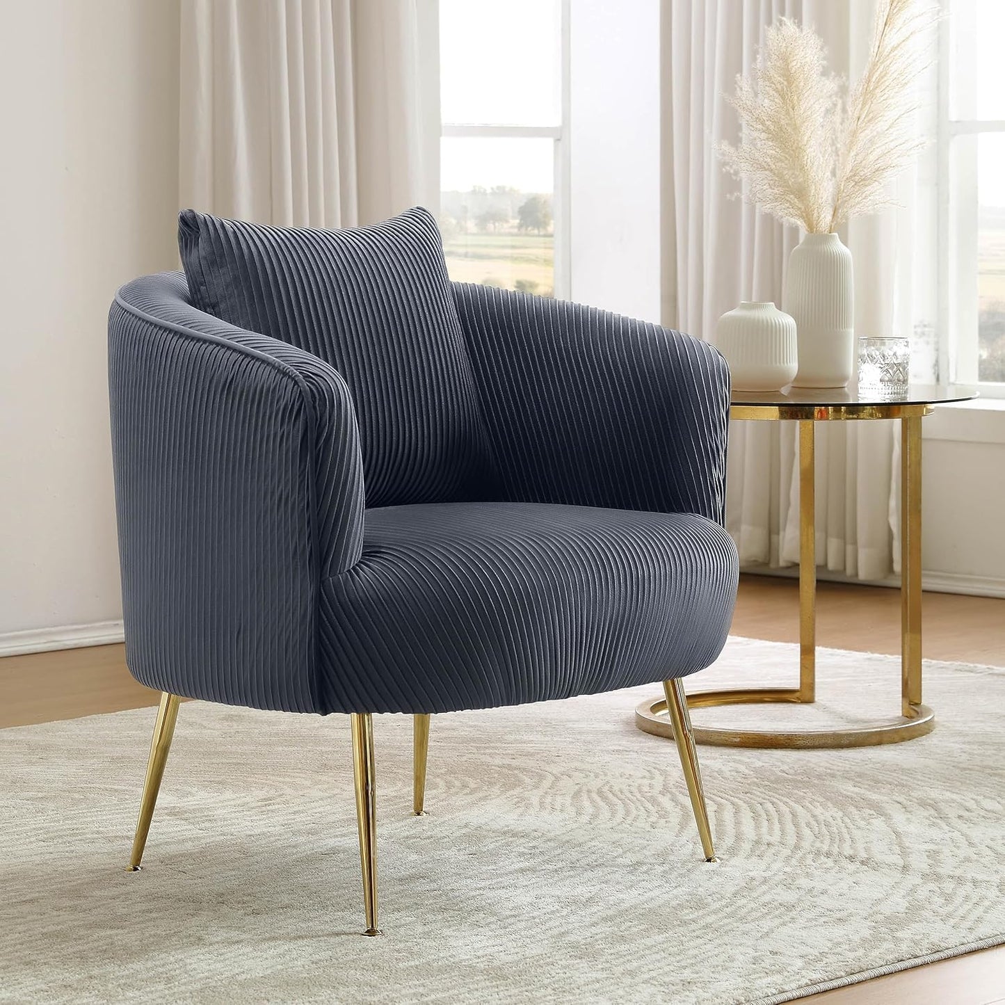 Art Leon Accent Chair Set of 2, Modern Velvet Upholstered Armchairs, Living Room Side Chairs Barrel Chairs with Golden Metal Legs, Off White