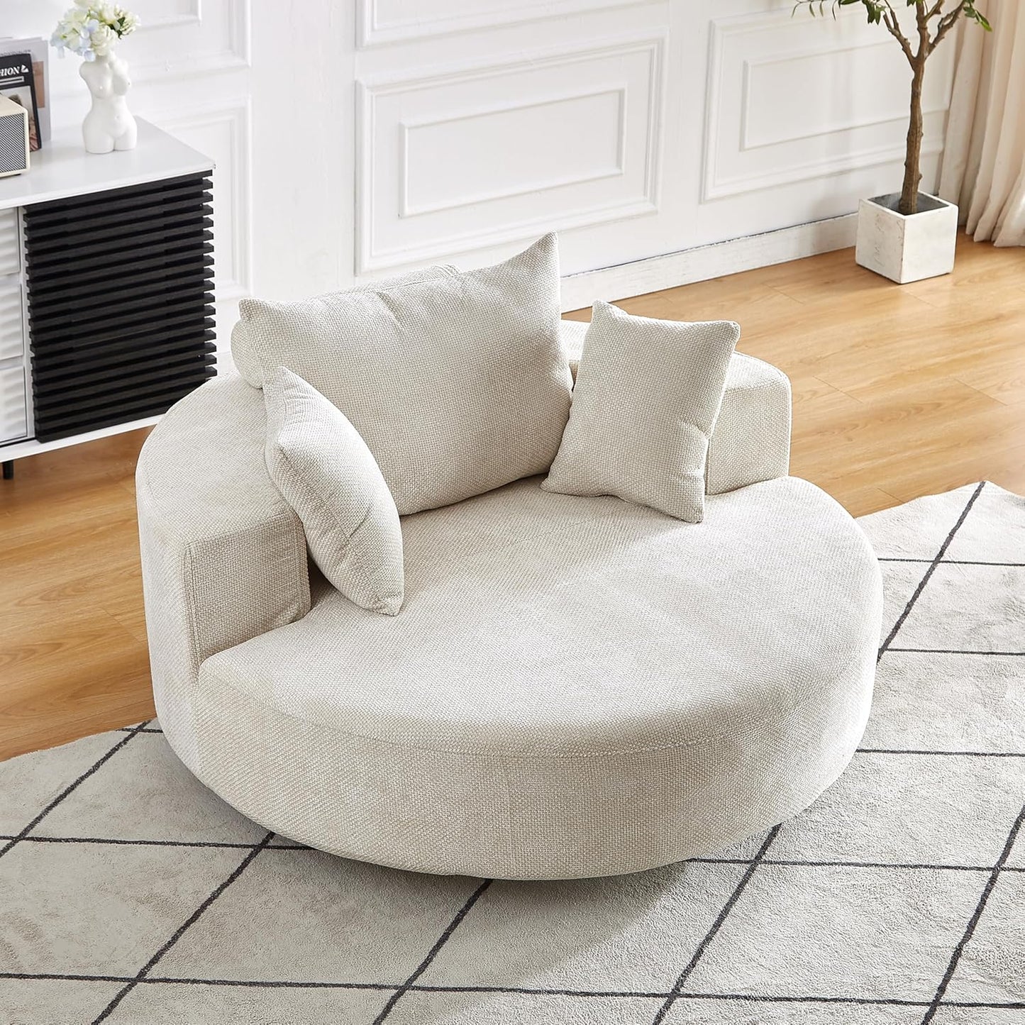 Ball & Cast 55" Oversized Accent Chair, Modern Chenille Single Sofa Sleeper with Wide Armrest and Pillows, Round Lounger Chair for Living Room, Bedroom,Projection Room,No Assembly Required,Beige
