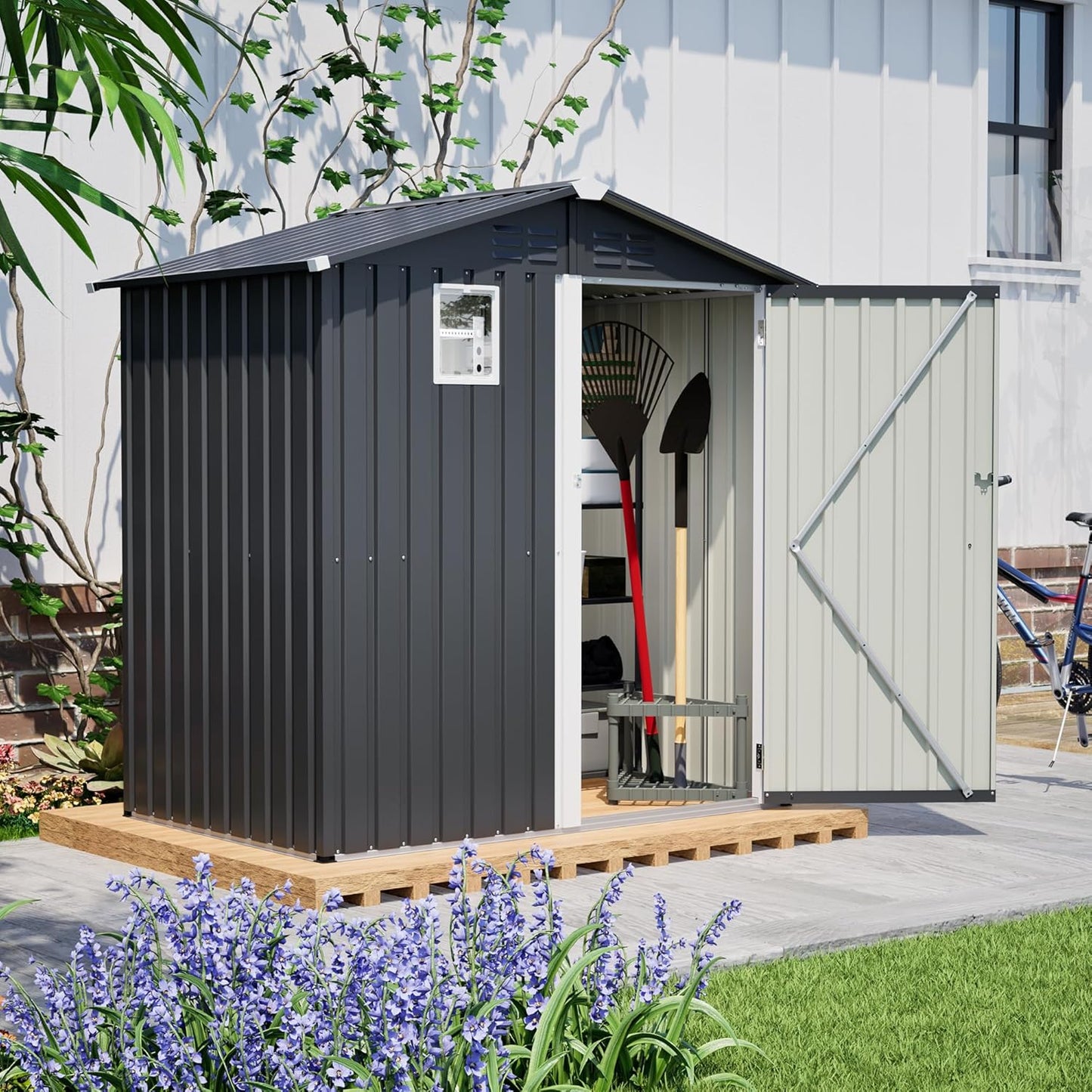 6' x 4' Outdoor Metal Storage Shed, Galvanized Steel Tool Garden Shed, for Patio Backyard Lawn Garden (6x4 Ft Grey)