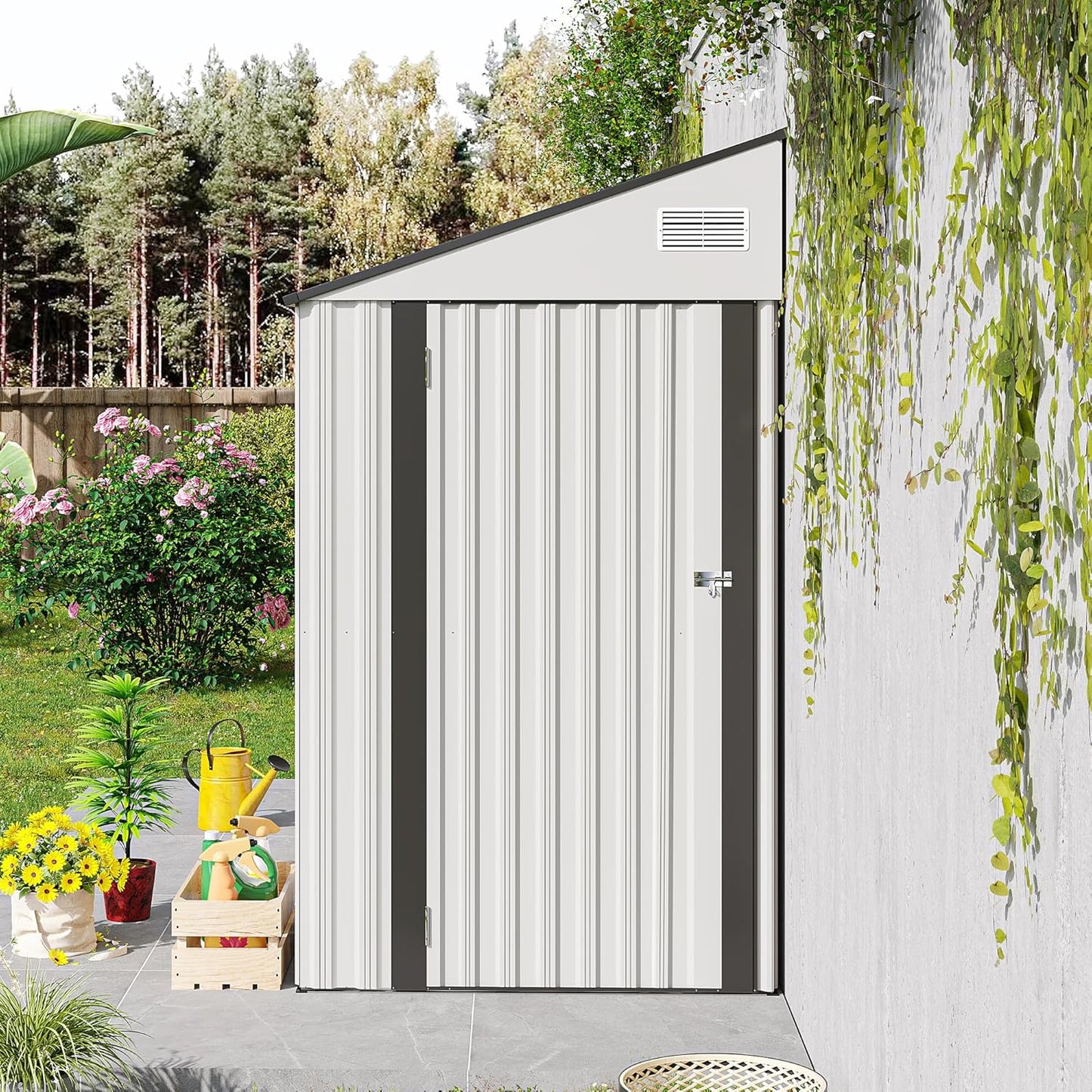 4×8 FT Outdoor Metal Storage Shed,Heavy-Duty Lean to Storage Shed with Floor Base,Garden Tool Metal Storage House W/Lockable Door and 2 Air Vents,Weather Resistant,for Backyard,Patio,Lawn,Black