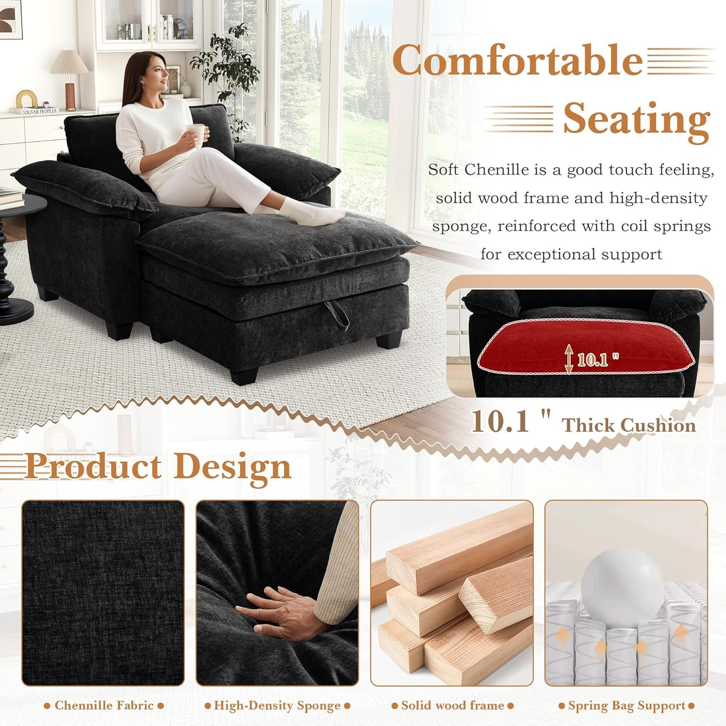 51" Oversized Chaise Lounge Chair Indoor with Storage Ottoman, Upholstered Cloud Accent Chair with Extra Wide Armrests, Comfy Beige Chenille Sleeper Chair for Living Room Bedroom Reading (Black)