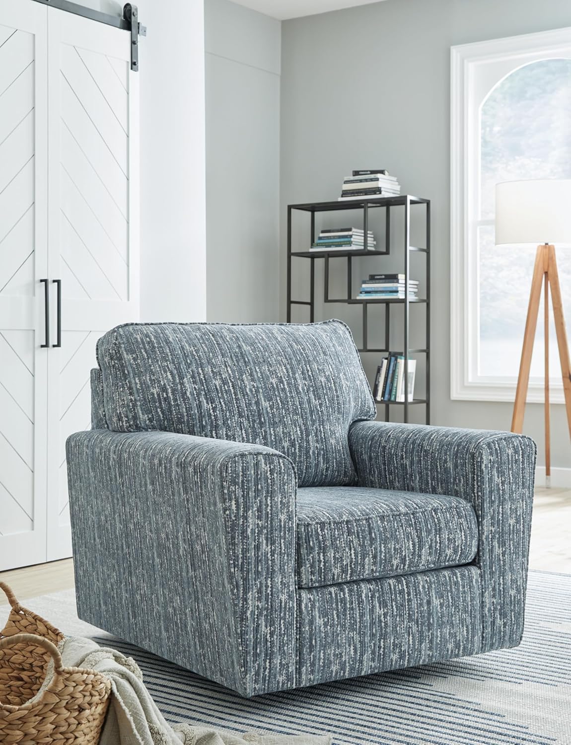 Signature Design by Ashley Aterburm Contemporary Swivel Accent Chair with Abstract Stripe Design, Track Arms, Metal Swivel Base and Removable Cushions, Blue & Green