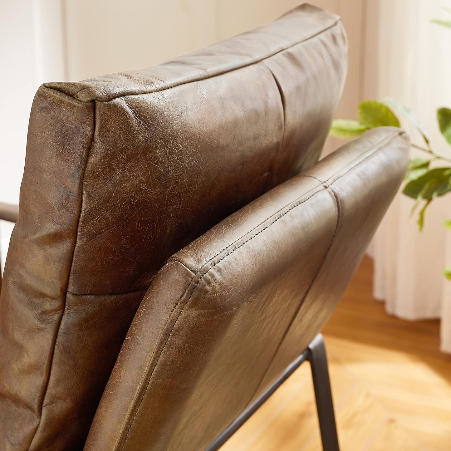 Art Leon Genuine Leather Accent Chair, Mid Century Modern Living Room Chair Lounge Chair with Black Metal Frame, Brown