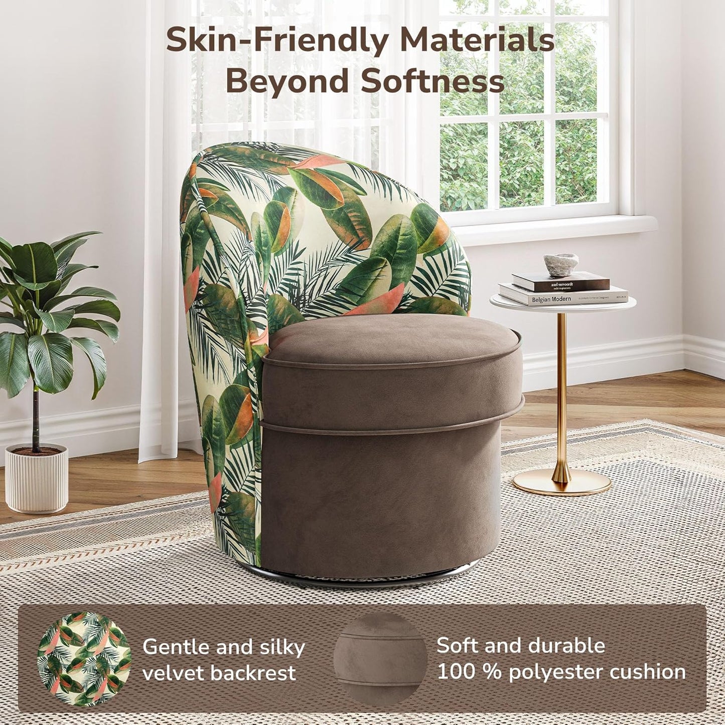 BELLEZE Swivel Barrel Chairs Set of 2, Modern Round Accent Chairs Floral Pattern Upholstered 360 Degree Swivel Armchairs for Living Room Bedroom - Grove (Brown & Floral)
