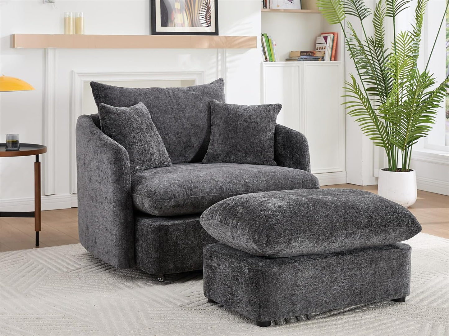 46" Oversized Swivel Accent Chair with Ottoman Set, Upholstered 360° Swivel Barrel Chair and A Half with Ottoman, Extra Wide Seat Lounge for Living Room, Reading, Bedrooms