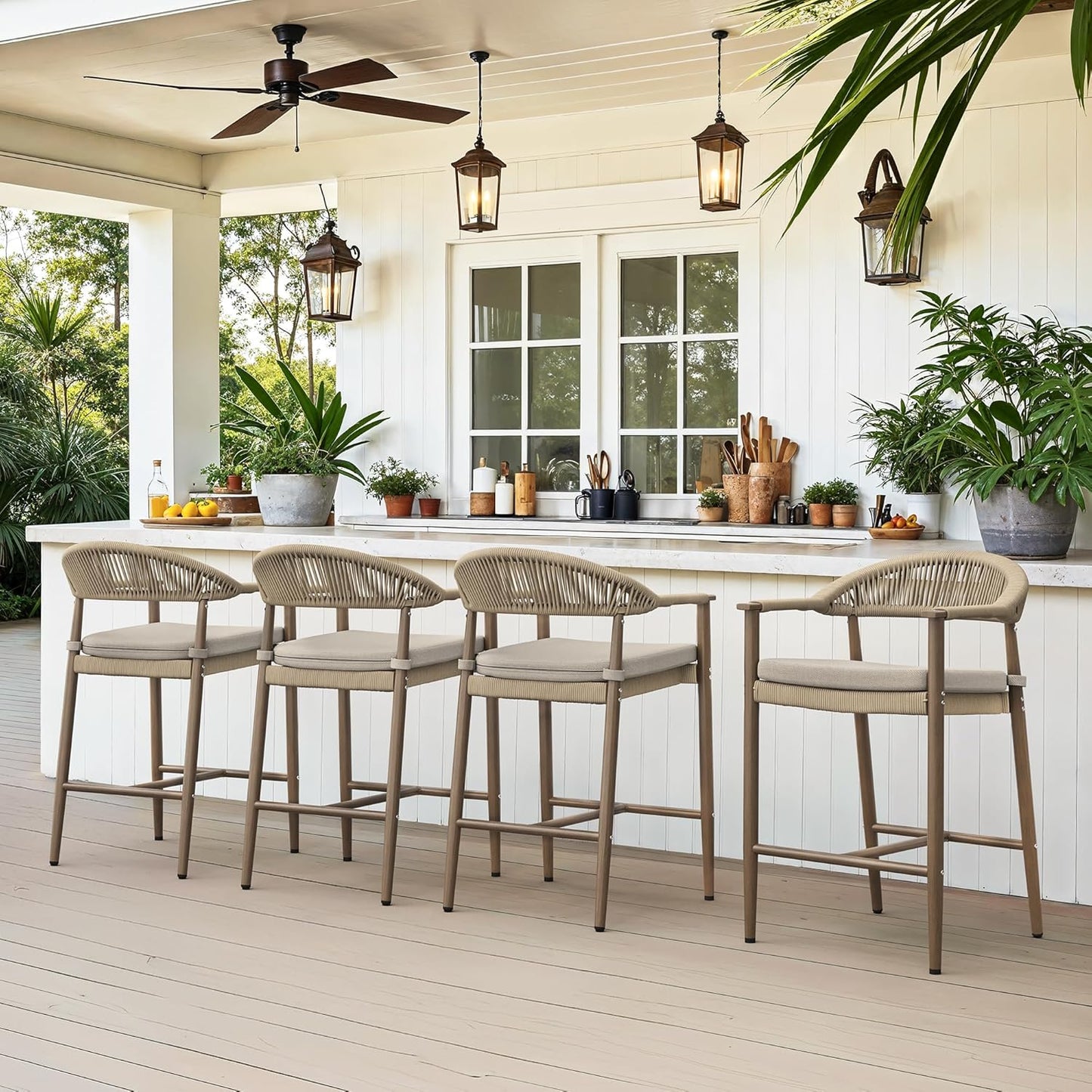 Bar Stools Set of 4, 24.8'' Aluminum Outdoor Bar Stool with Removable Cushion, Boho Rattan BarStools, Olefin Rope Woven Bar Chairs with Footrest for Patio, Garden, Pool, Kitchen, Black