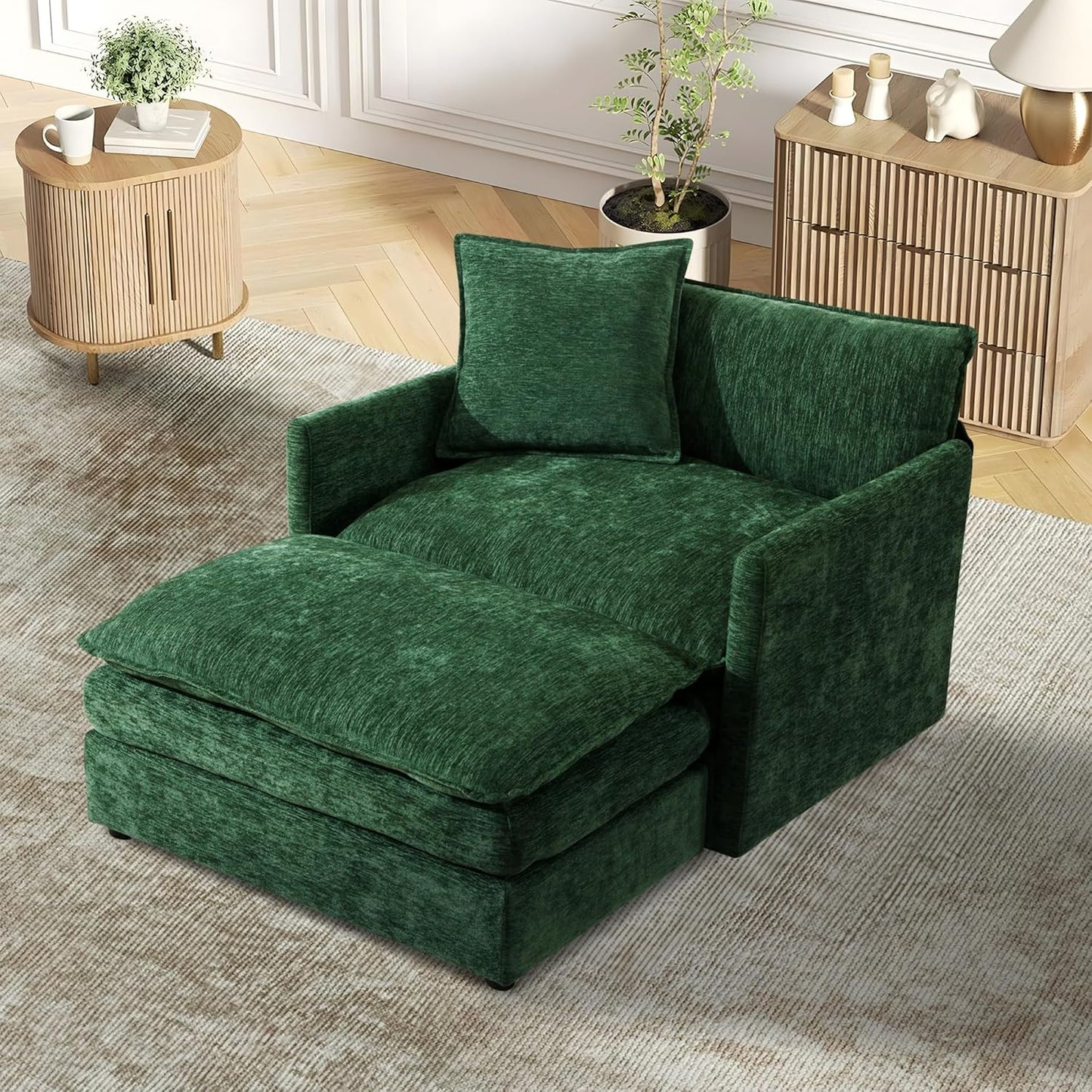 TTK Oversized Corduroy Chaise Lounge Chair with Ottoman - 46.9" Wide Modern Sleeper Sofa for Living Room, Bedroom & Office - Deep Seat Sectional Couch with Pillow, Comfortable Reading Chair, Beige