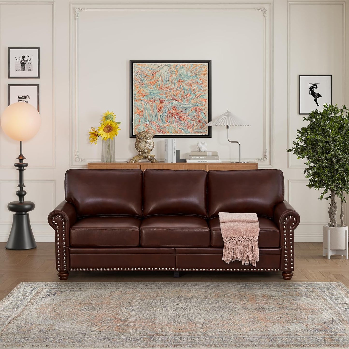 35" Faux Leather Pu Armchair Classic Vegan Leather Accent Chair Elegance Single Seat with Rolled Armrests Nailhead Trim Wood Legs Traditional Living Room 1 Seat-Burgundy
