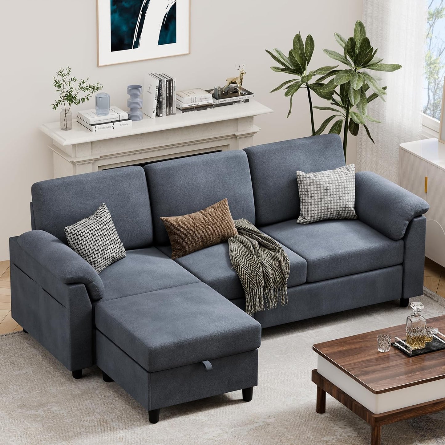 Vongrasig 79" Convertible Sectional Couch Sofa with Storage Ottoman, 3 Seat L Shaped Couch with Side Storage Pockage, Linen Fabric Small Couches for Living Room, Apartment and Small Space, Black