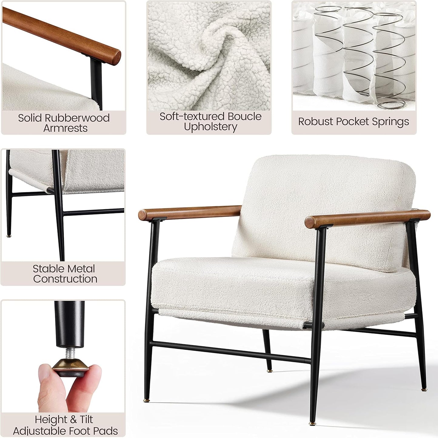 Topeakmart Mid-Century Boucle Accent Chair, Reading Chair with Stylish Boucle Fabric, Lounge Chair with Ultra-Long Armrest and Extra-Wide Seat for Living Room Lounge Office, Ivory, 2PCS