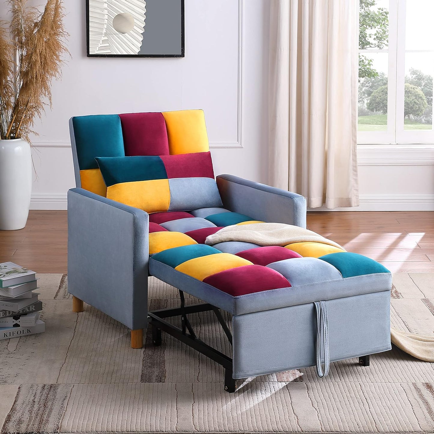 Sleeper Chair Bed Multi-functional Convertible Chair Sleeper Teddy Fabric Adjustable Single Pull Out Sofa Bed with Lumbar for Studio,Dorm, Apartment, Bedroom,Office,Living Room (Beige&Yellow)