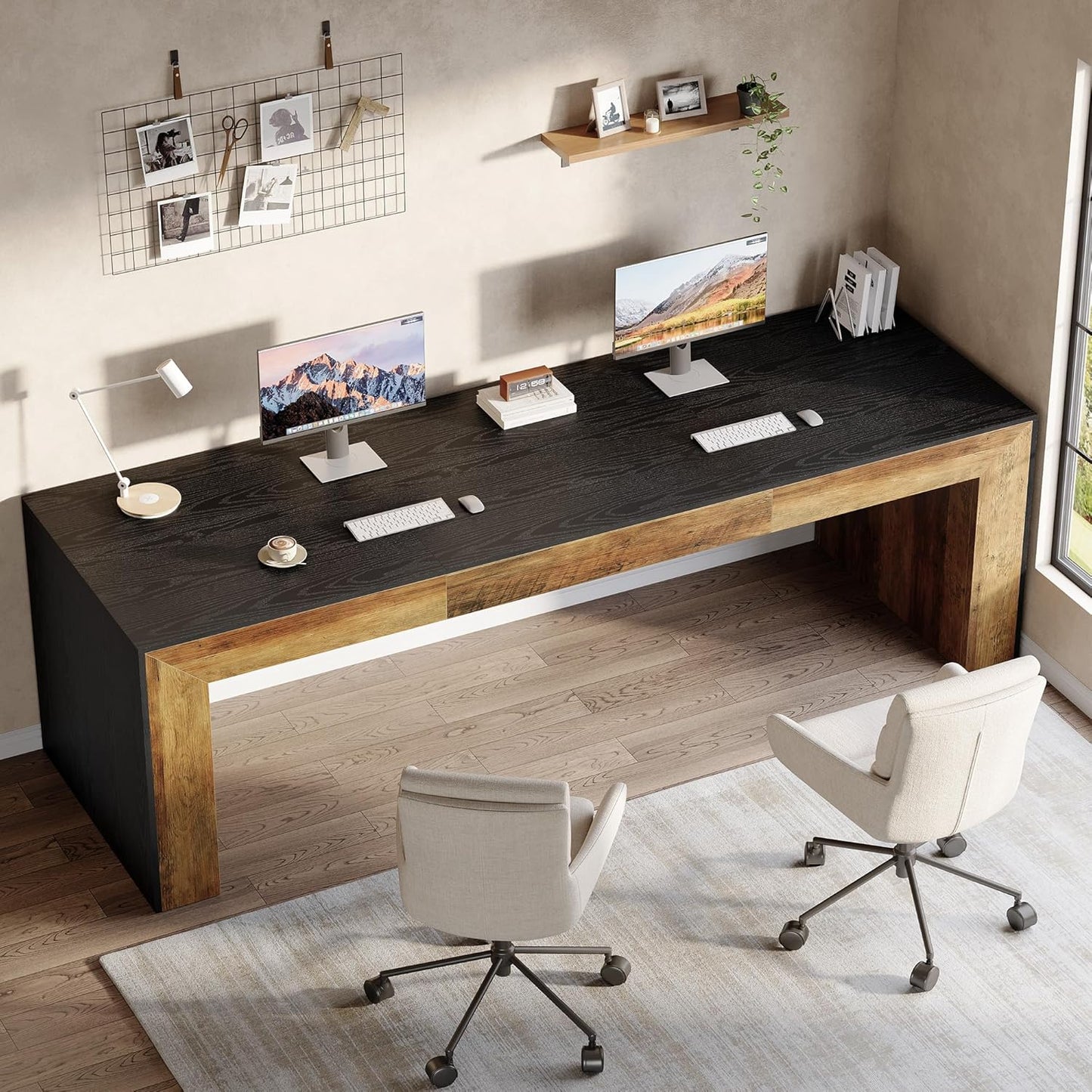 Tribesigns 86.6-Inch Long Computer Desk for 2 People, Farmhouse Executive Desk with Wooden Desktop and Legs, Large Workstations Writing Table Gaming Table for Home Office, Heavy Duty, Black + Brown